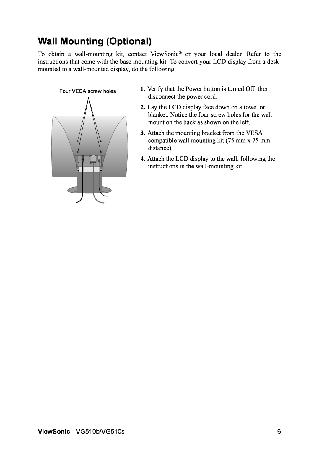 ViewSonic VG510b-1 manual Wall Mounting Optional, Four VESA screw holes 