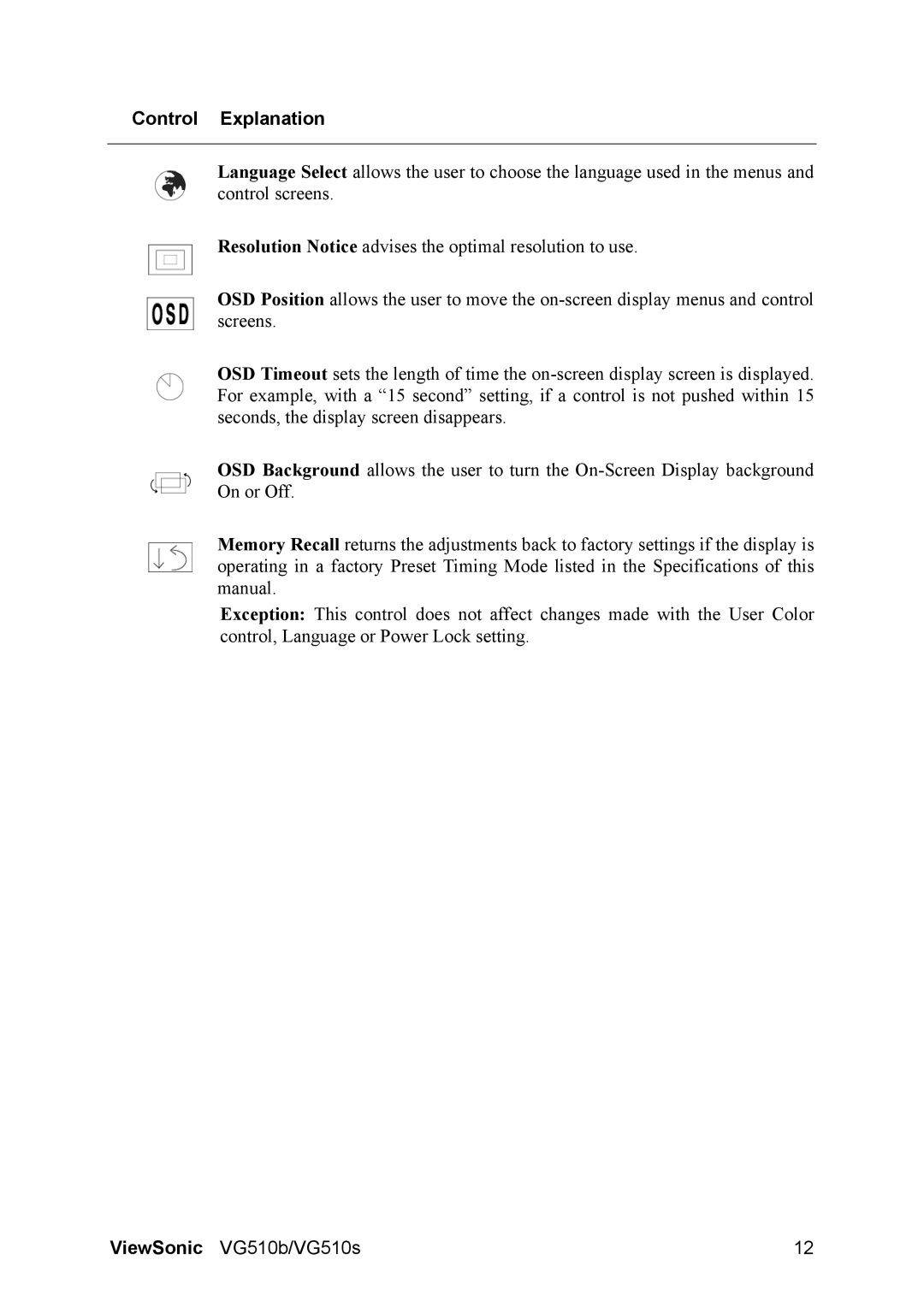 ViewSonic VG510b-1 manual Control Explanation 