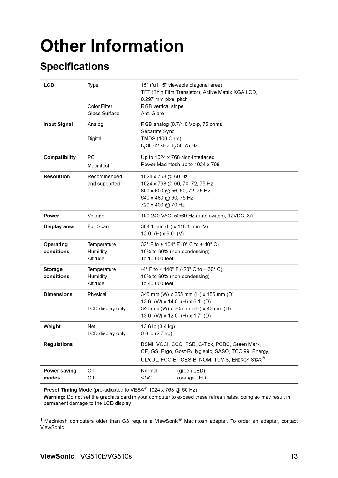 ViewSonic VG510b-1 manual Other Information, Specifications 