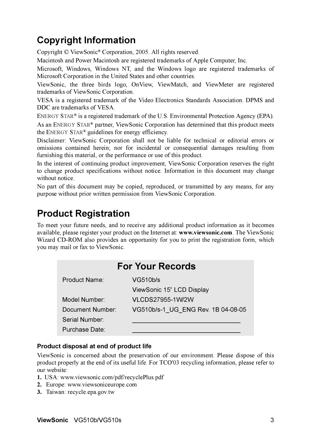 ViewSonic VG510b-1 Copyright Information, Product Registration For Your Records, Product disposal at end of product life 