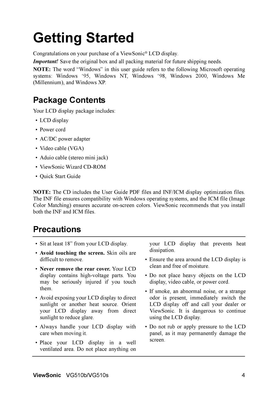 ViewSonic VG510b-1 manual Getting Started, Package Contents, Precautions 