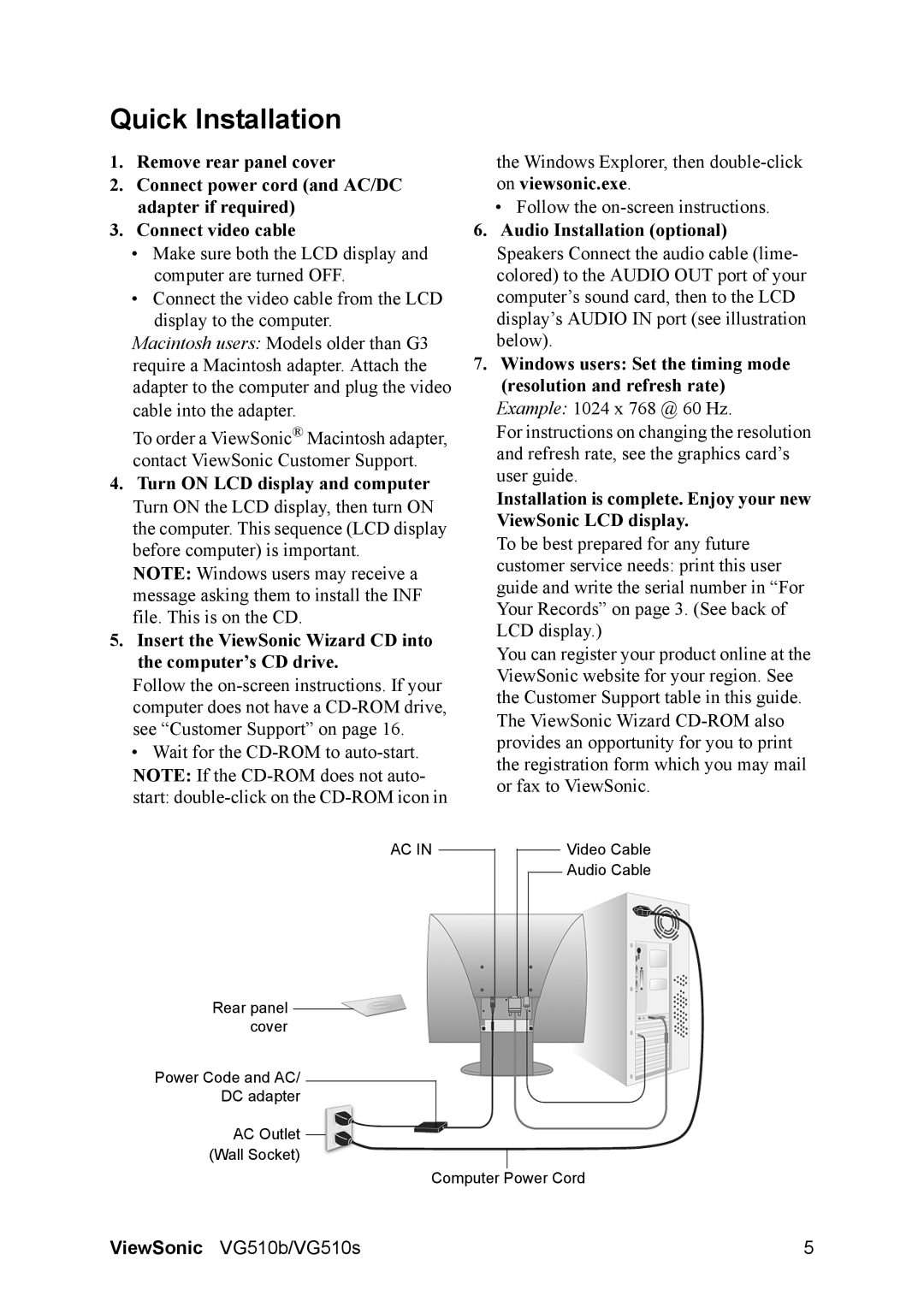 ViewSonic VG510b-1 manual Quick Installation 