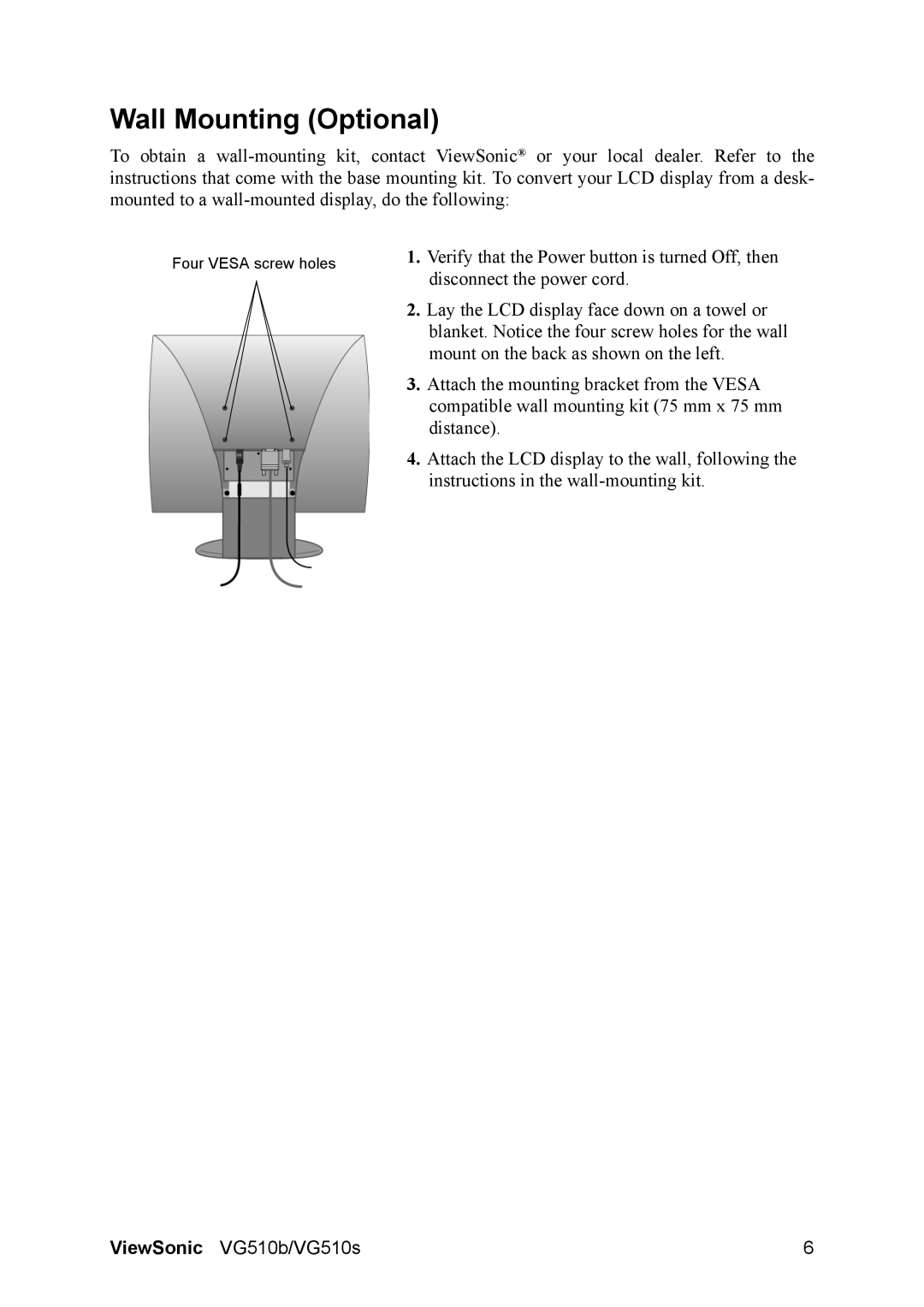 ViewSonic VG510b-1 manual Wall Mounting Optional 