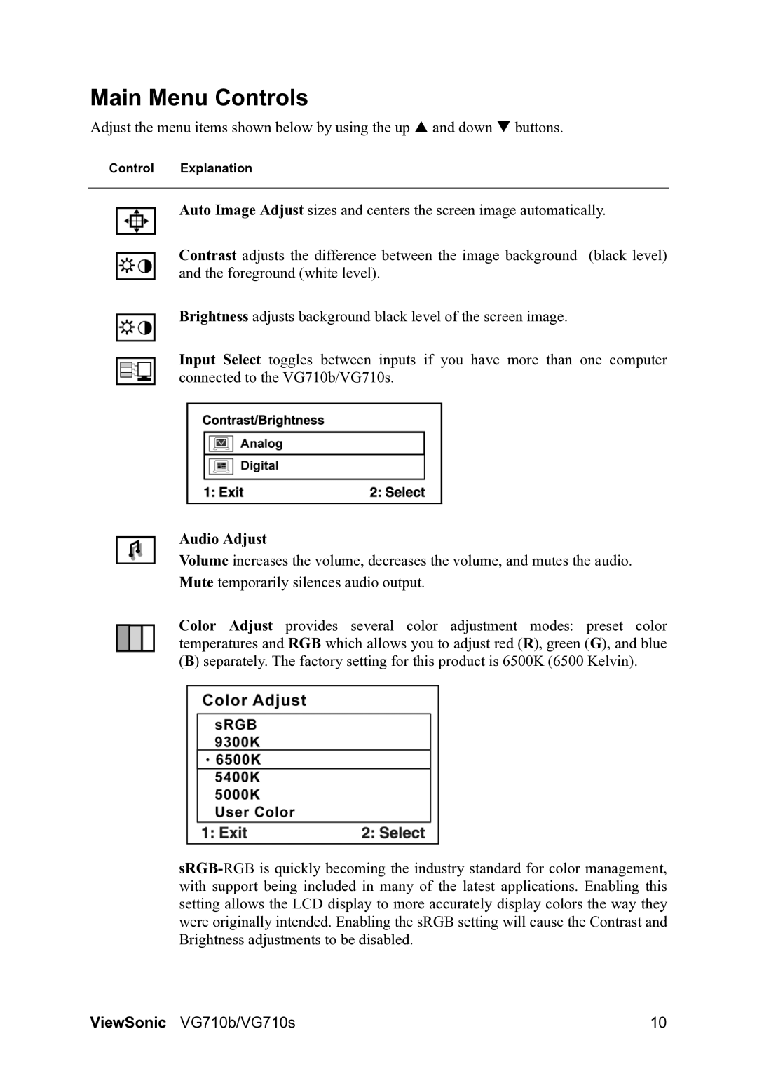 ViewSonic VG710S, VG710b manual Main Menu Controls, Audio Adjust 