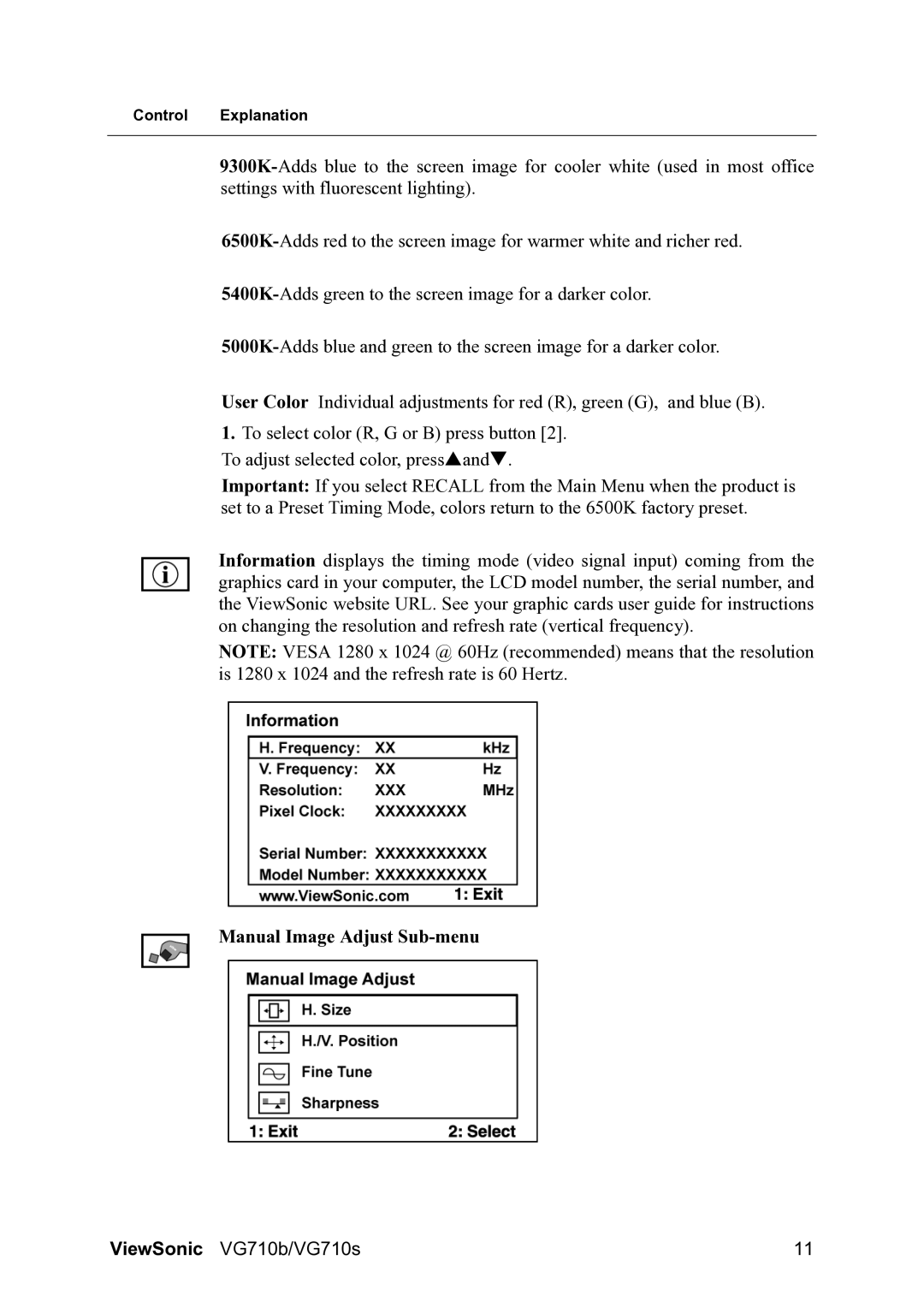 ViewSonic VG710b, VG710S manual Manual Image Adjust Sub-menu 