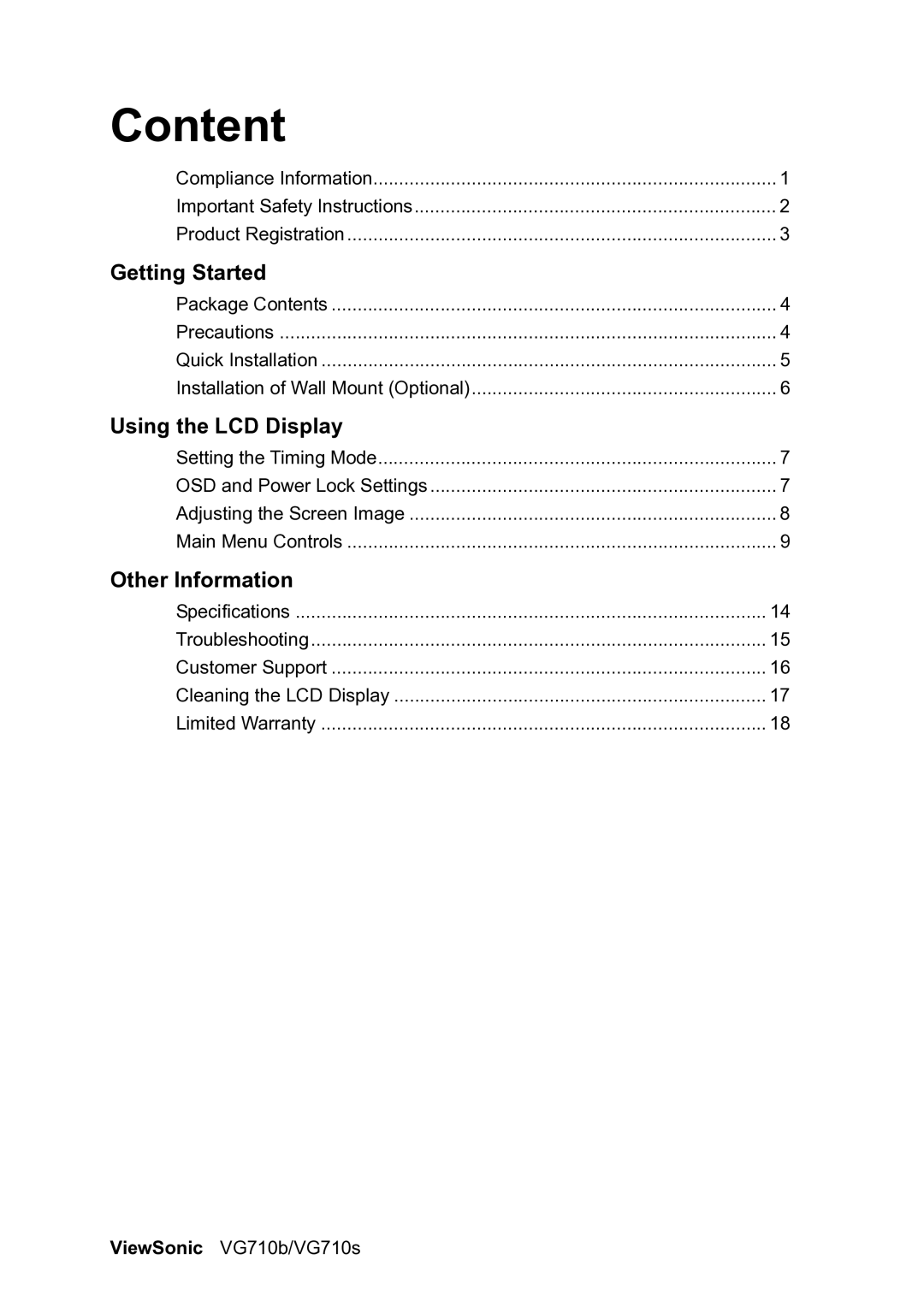 ViewSonic VG710S, VG710b manual Content, Using the LCD Display 