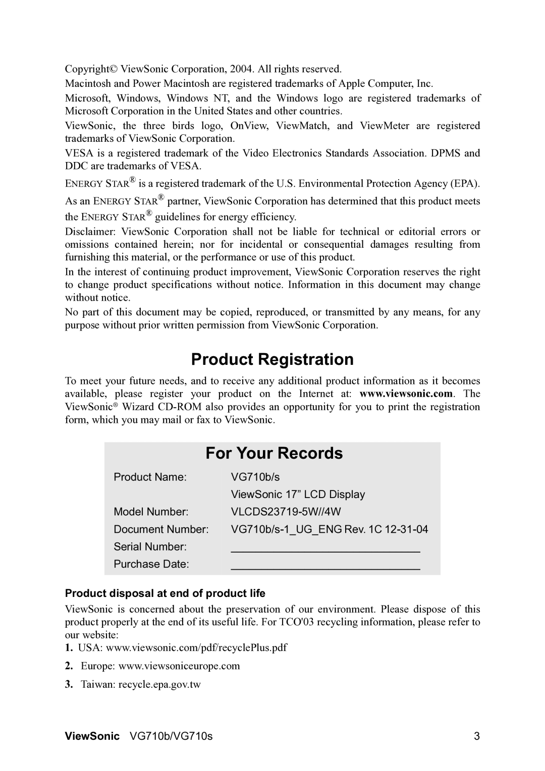 ViewSonic VG710b, VG710S manual Product Registration For Your Records, Product disposal at end of product life 