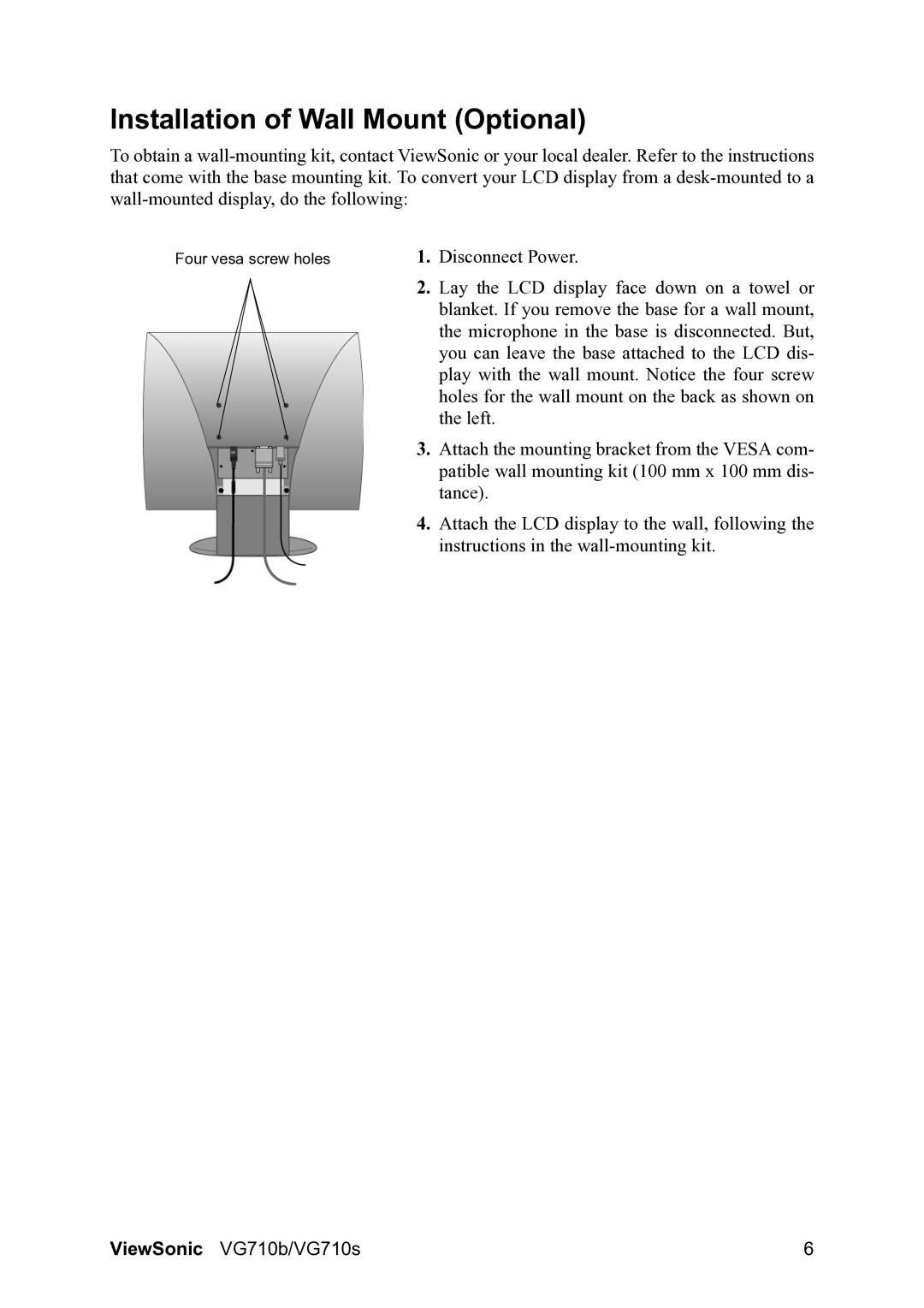 ViewSonic VG710S, VG710b manual Installation of Wall Mount Optional 