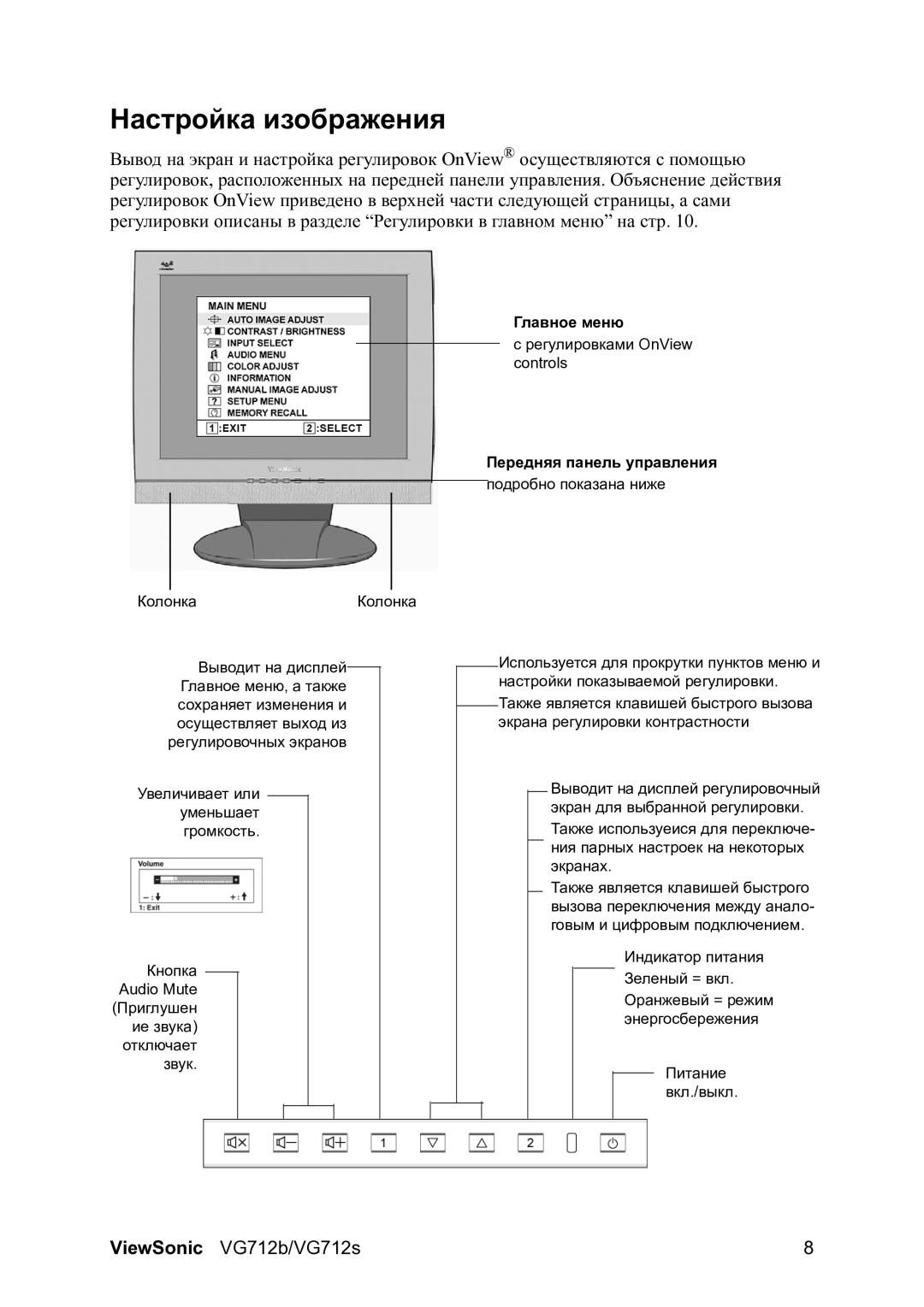 ViewSonic VG712b manual Настройка изображения, Передняя панель управления 