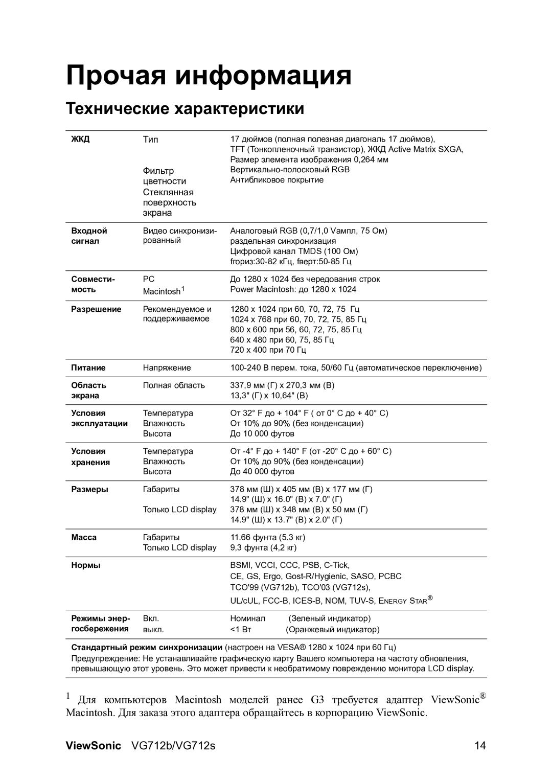 ViewSonic VG712b manual Прочая информация, Технические характеристики 