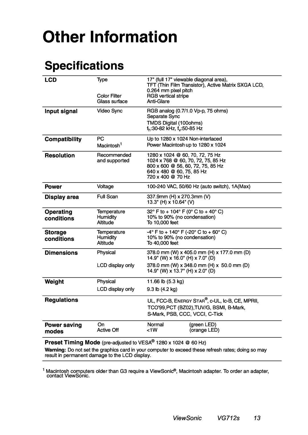 ViewSonic manual Other Information, Specifications, ViewSonic VG712s 