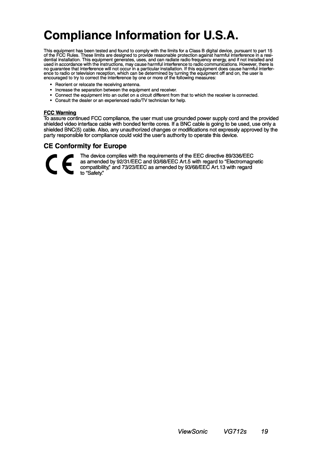 ViewSonic manual Compliance Information for U.S.A, CE Conformity for Europe, ViewSonic VG712s, FCC Warning 