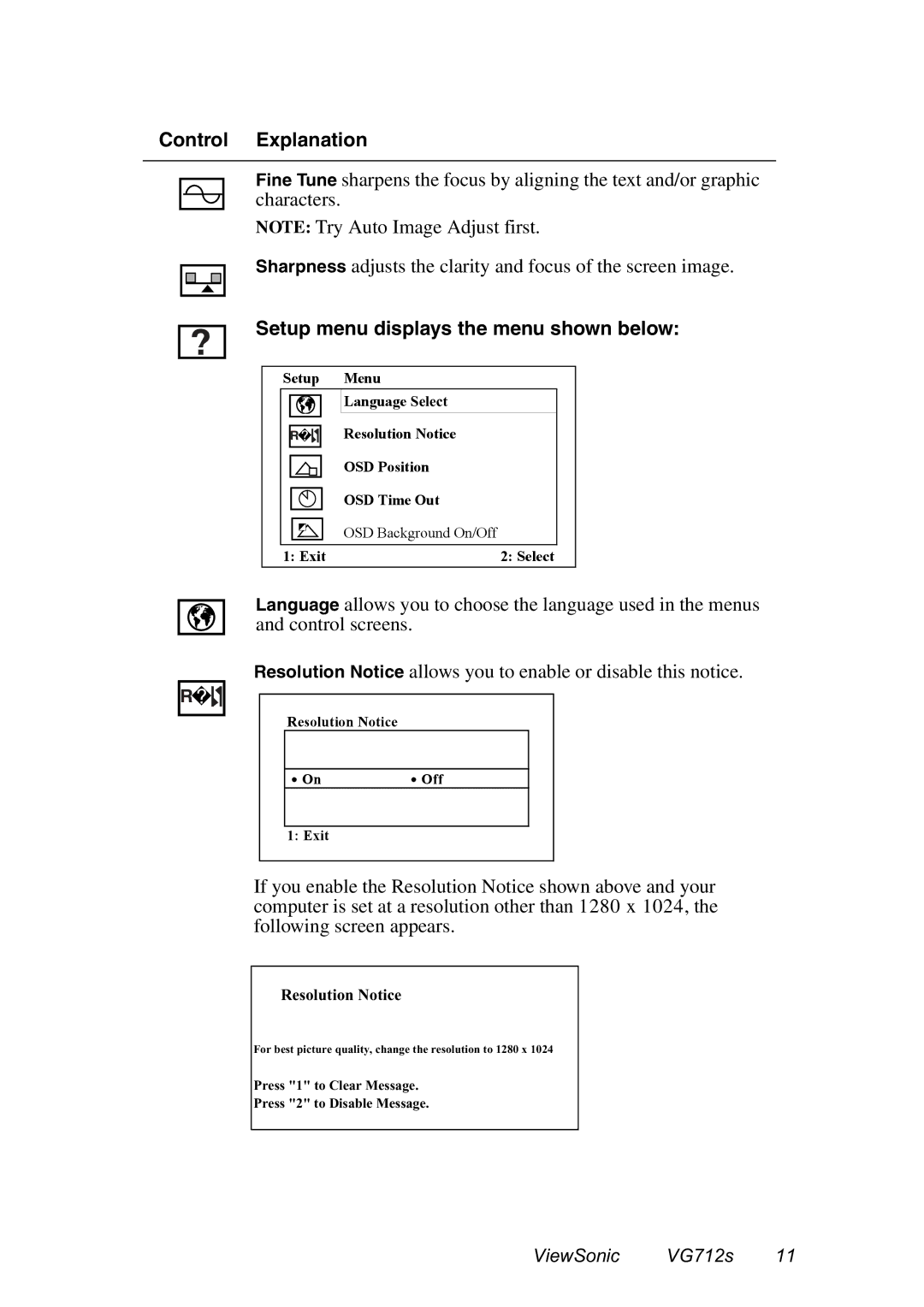 ViewSonic VG712s manual Setup menu displays the menu shown below, Resolution Notice 