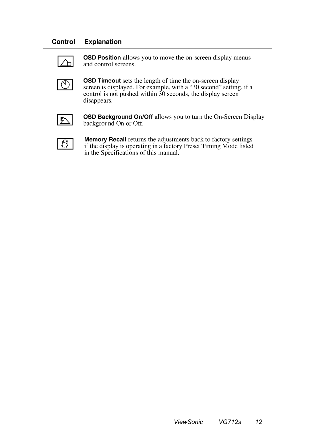 ViewSonic VG712s manual Control Explanation 