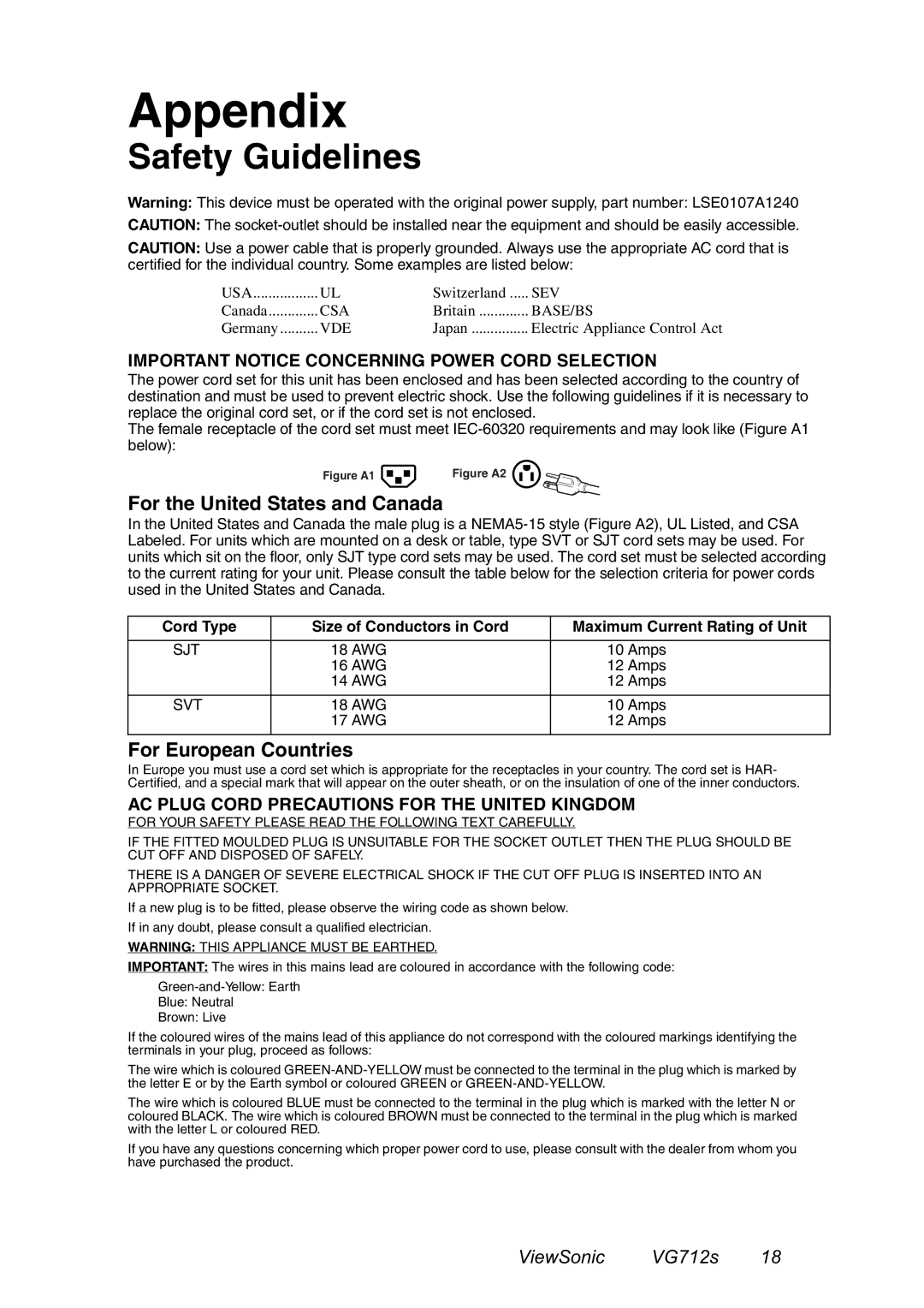 ViewSonic VG712s manual Safety Guidelines, For the United States and Canada, For European Countries 