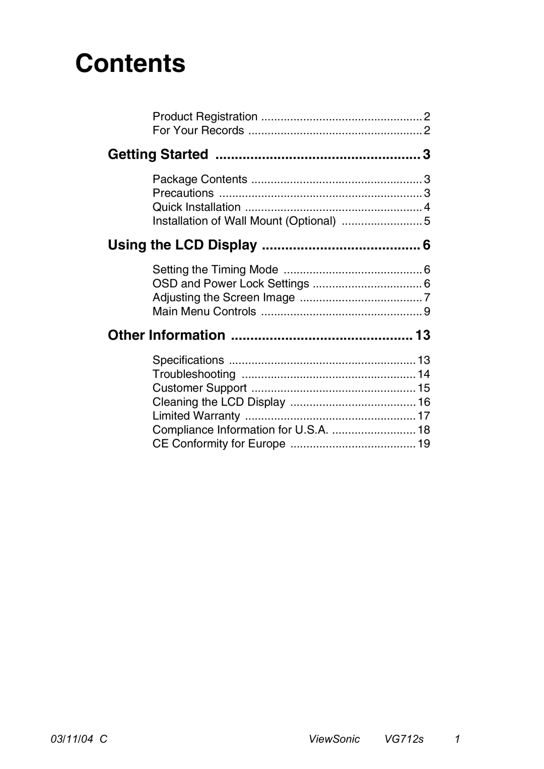 ViewSonic VG712s manual Contents 