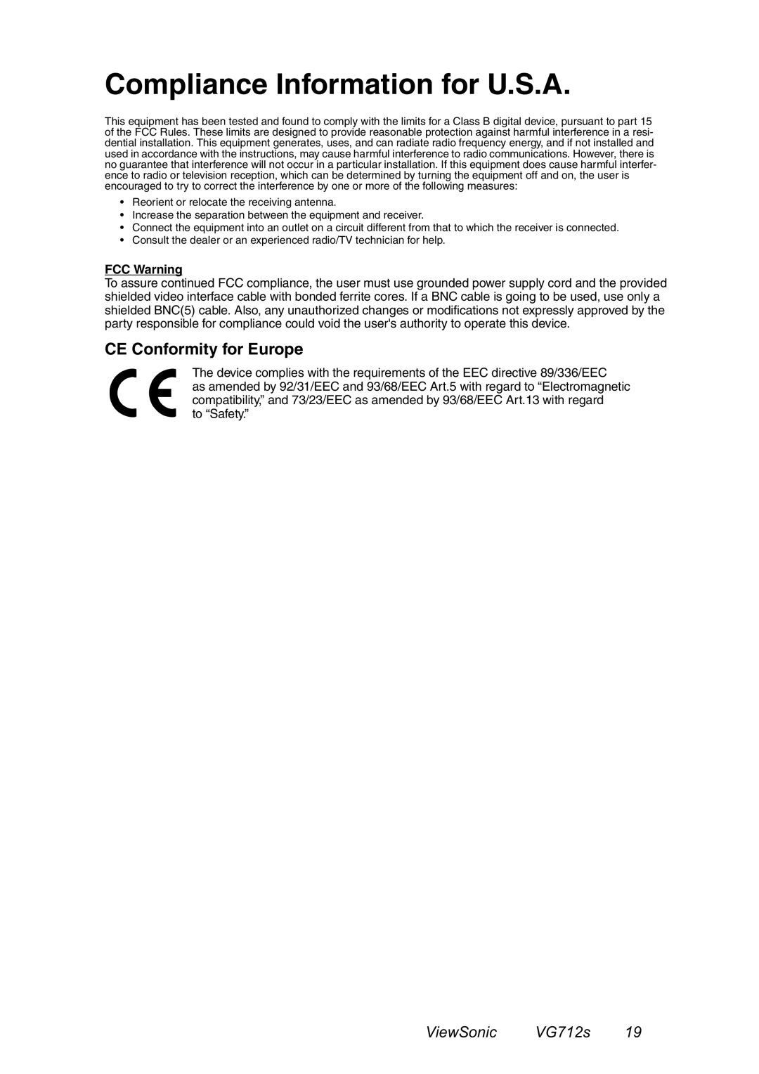 ViewSonic VG712s manual Compliance Information for U.S.A, CE Conformity for Europe 