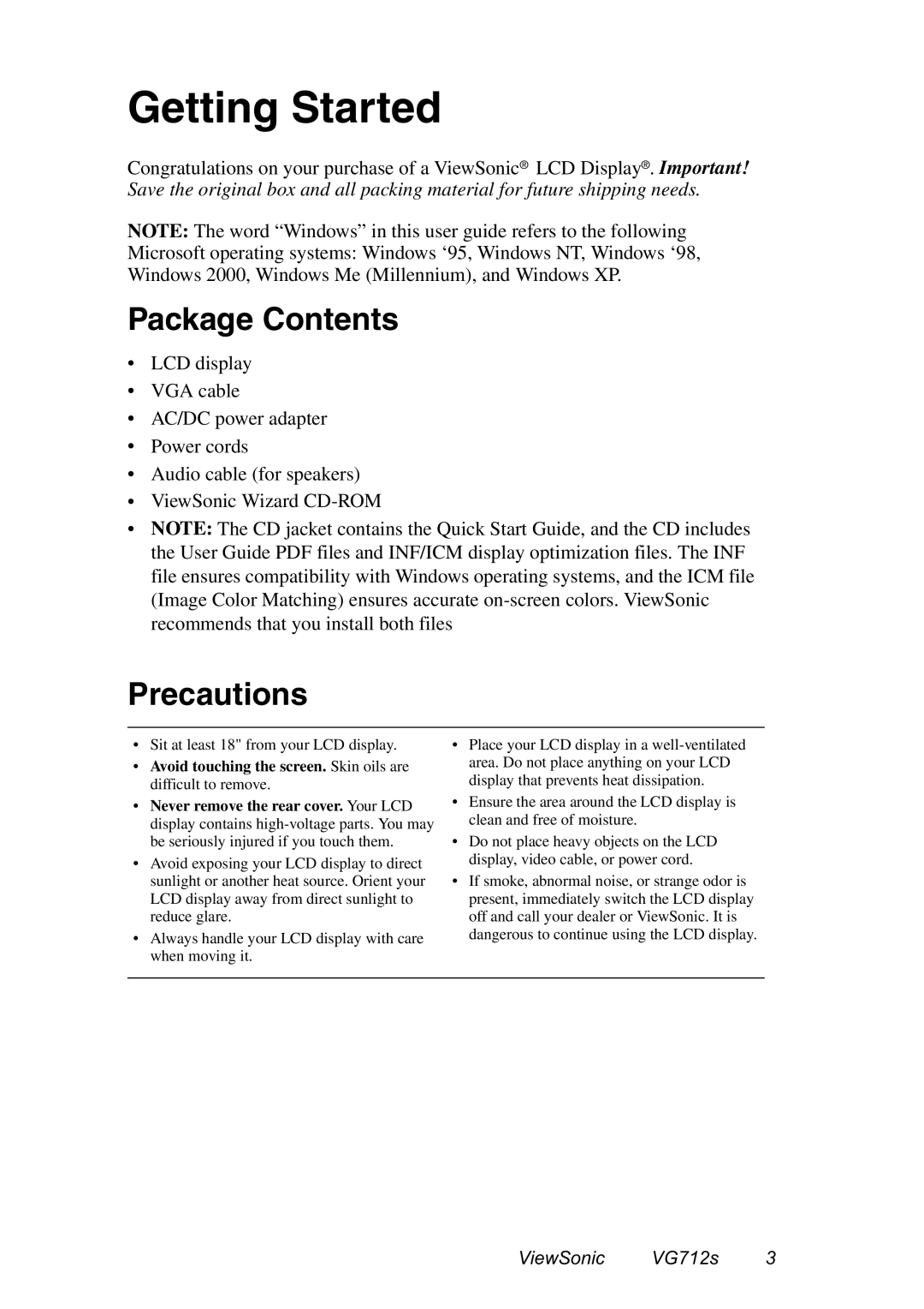 ViewSonic VG712s manual Package Contents, Precautions 