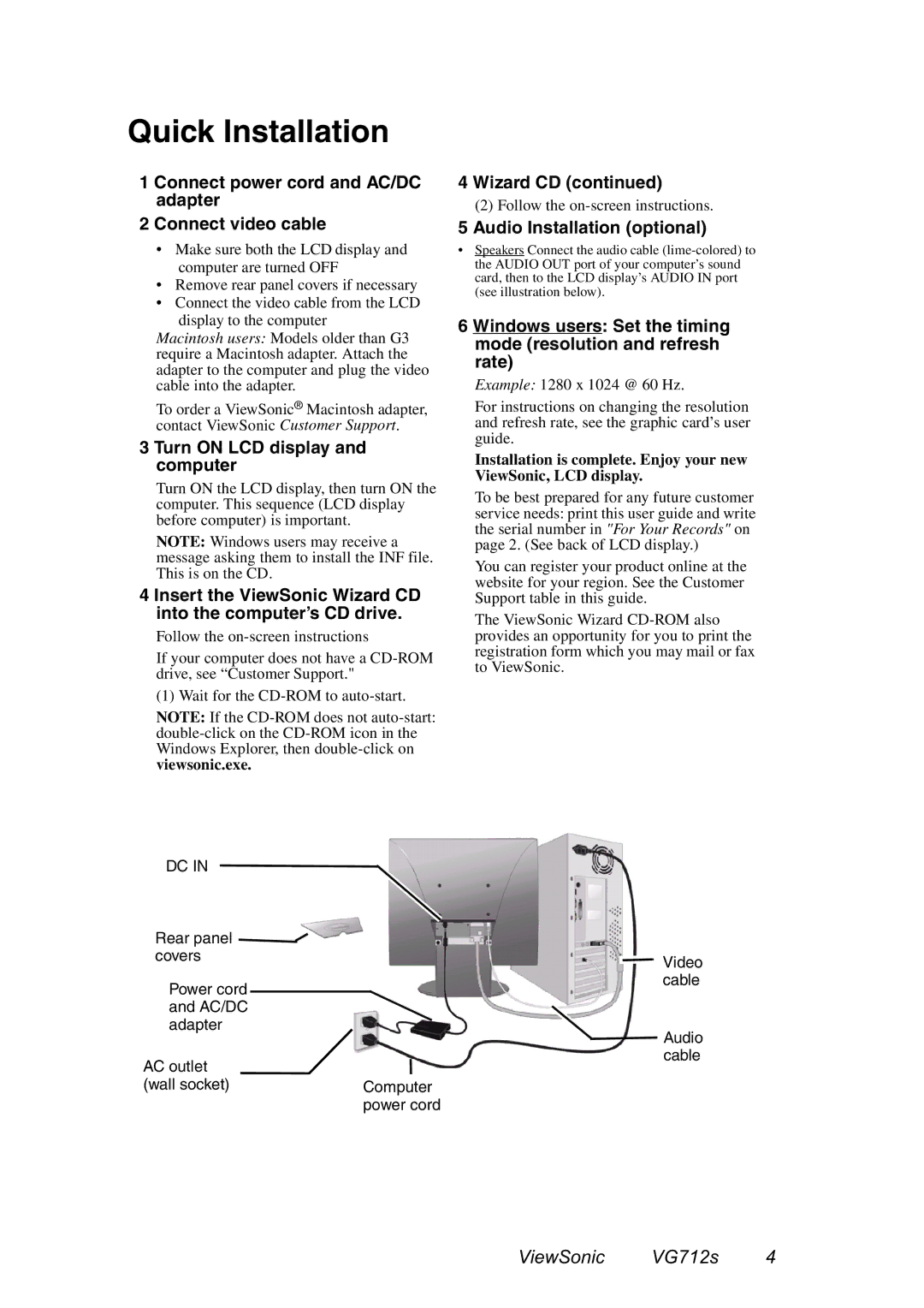 ViewSonic VG712s manual Quick Installation 