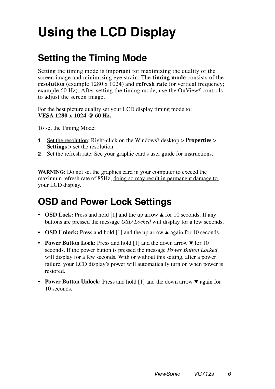 ViewSonic VG712s manual Setting the Timing Mode, OSD and Power Lock Settings 