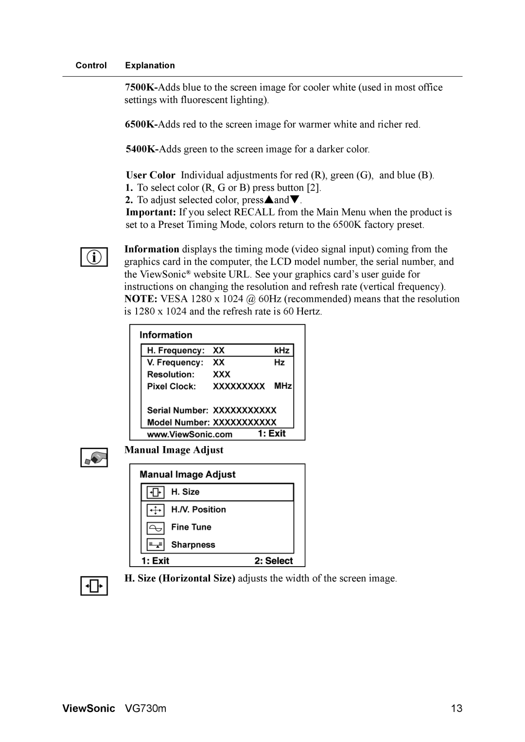 ViewSonic VG730M, VS11353 warranty Manual Image Adjust 