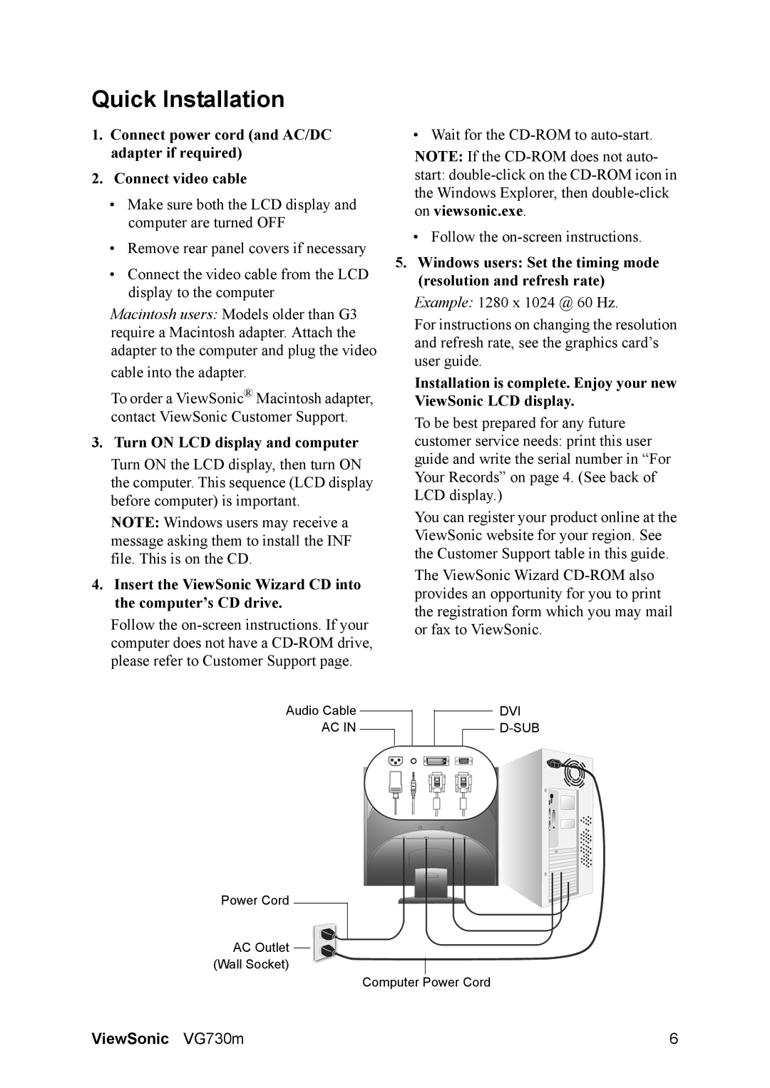 ViewSonic VS11353, VG730M warranty Quick Installation, Turn on LCD display and computer 