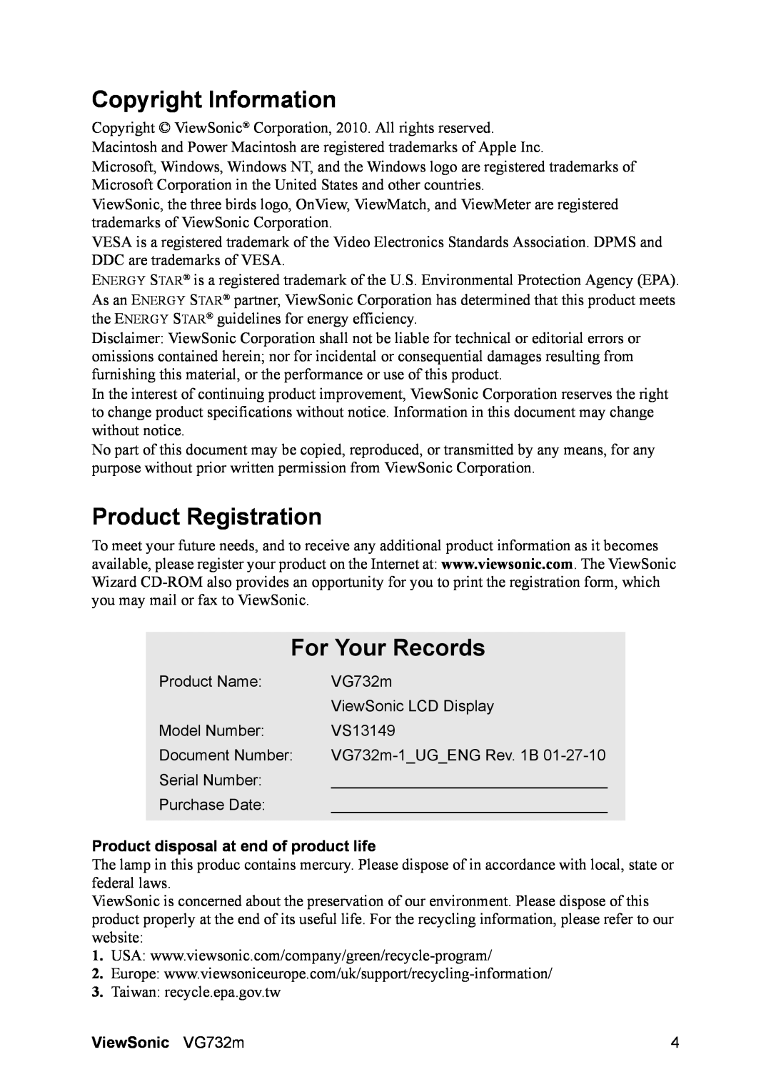 ViewSonic VG732M Copyright Information, Product Registration, For Your Records, Product disposal at end of product life 