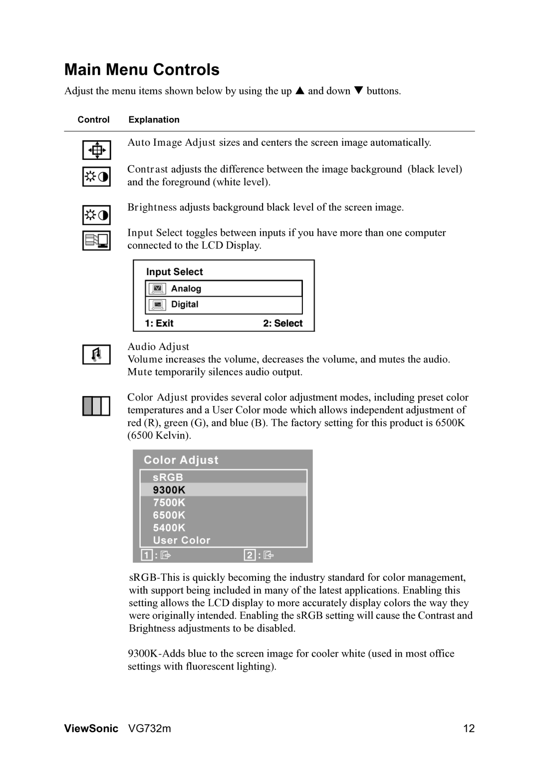 ViewSonic VG732M warranty Main Menu Controls, Audio Adjust 