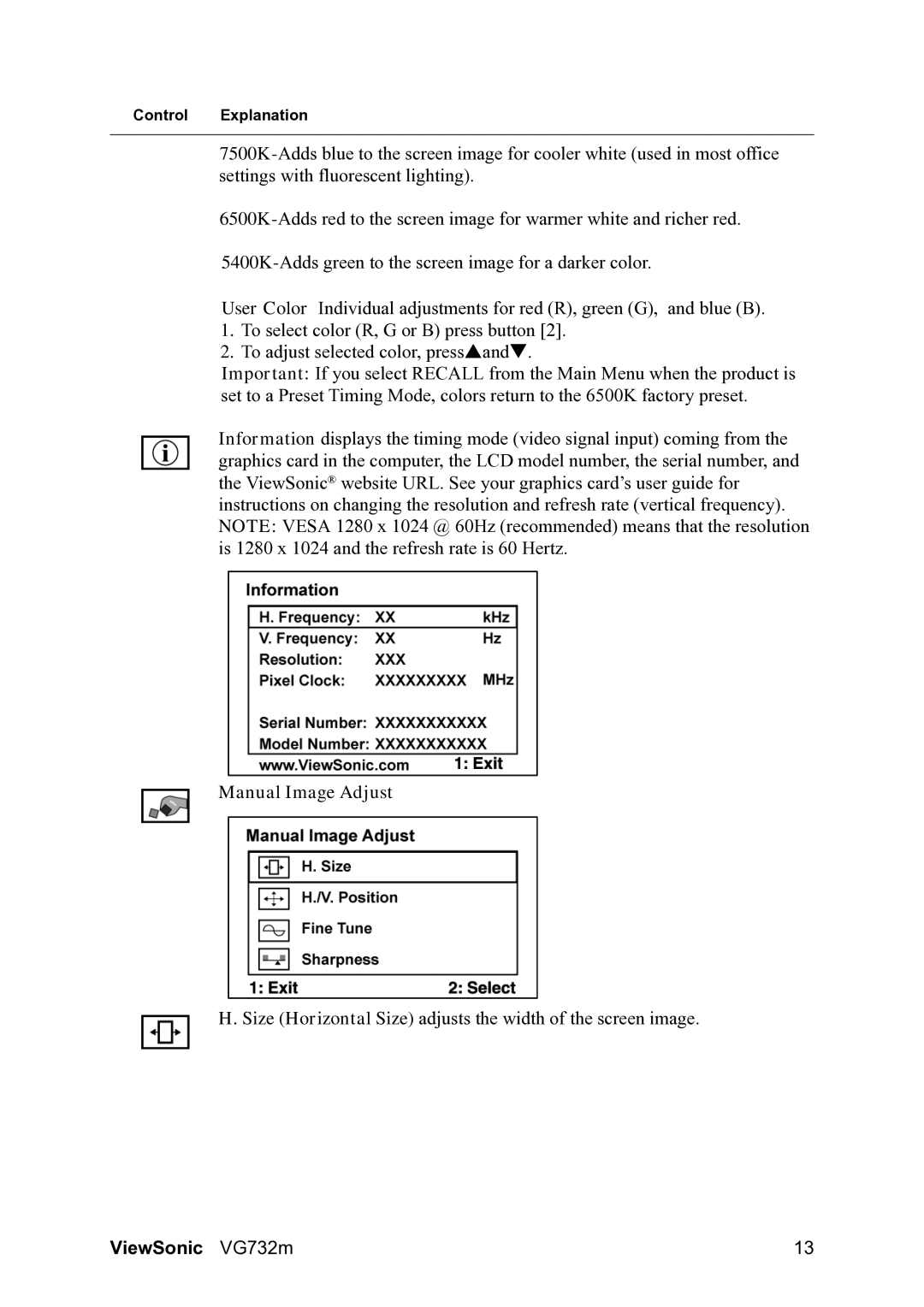 ViewSonic VG732M warranty Manual Image Adjust 