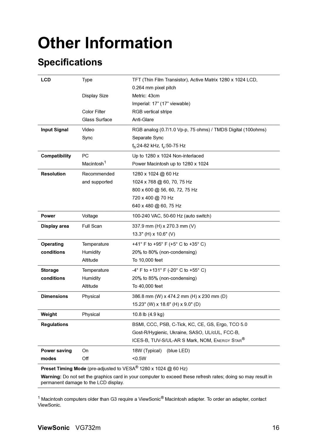 ViewSonic VG732M warranty Other Information, Specifications 