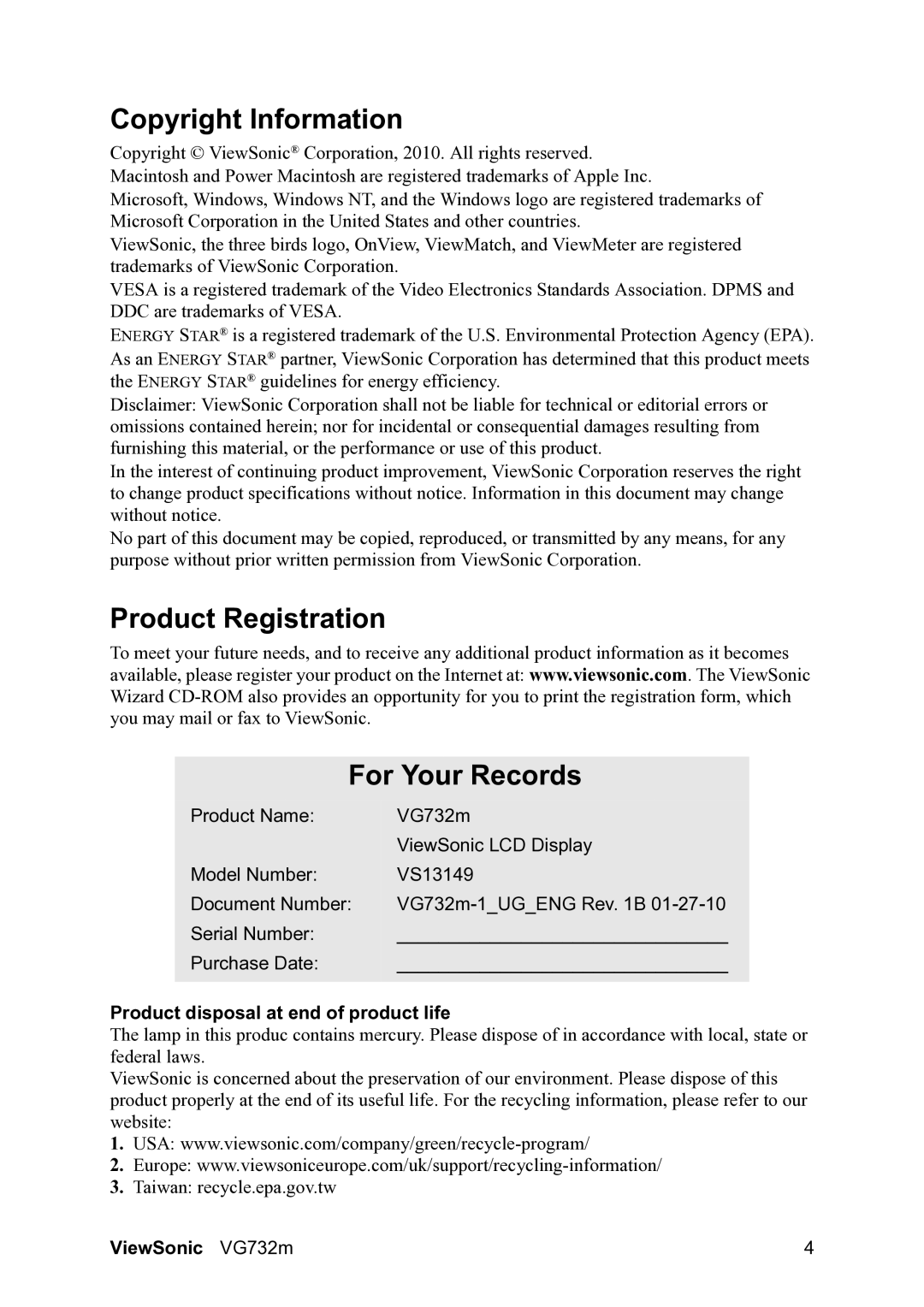 ViewSonic VG732M Copyright Information, Product Registration For Your Records, Product disposal at end of product life 