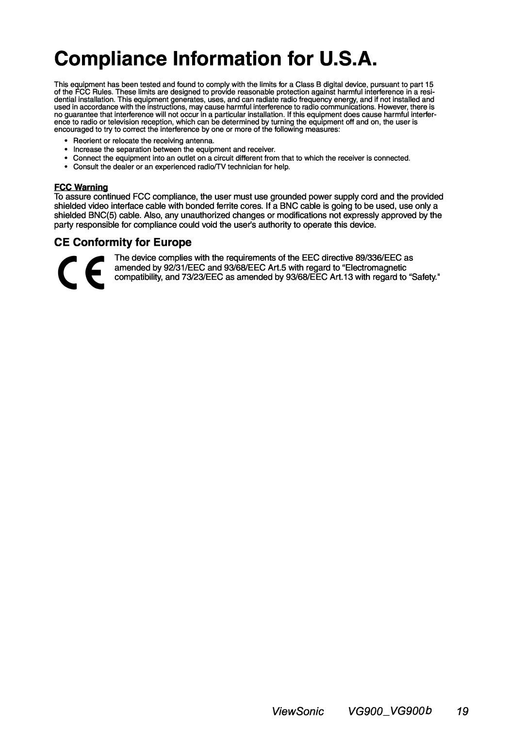 ViewSonic manual Compliance Information for U.S.A, CE Conformity for Europe, ViewSonic VG900 VG900 b, FCC Warning 