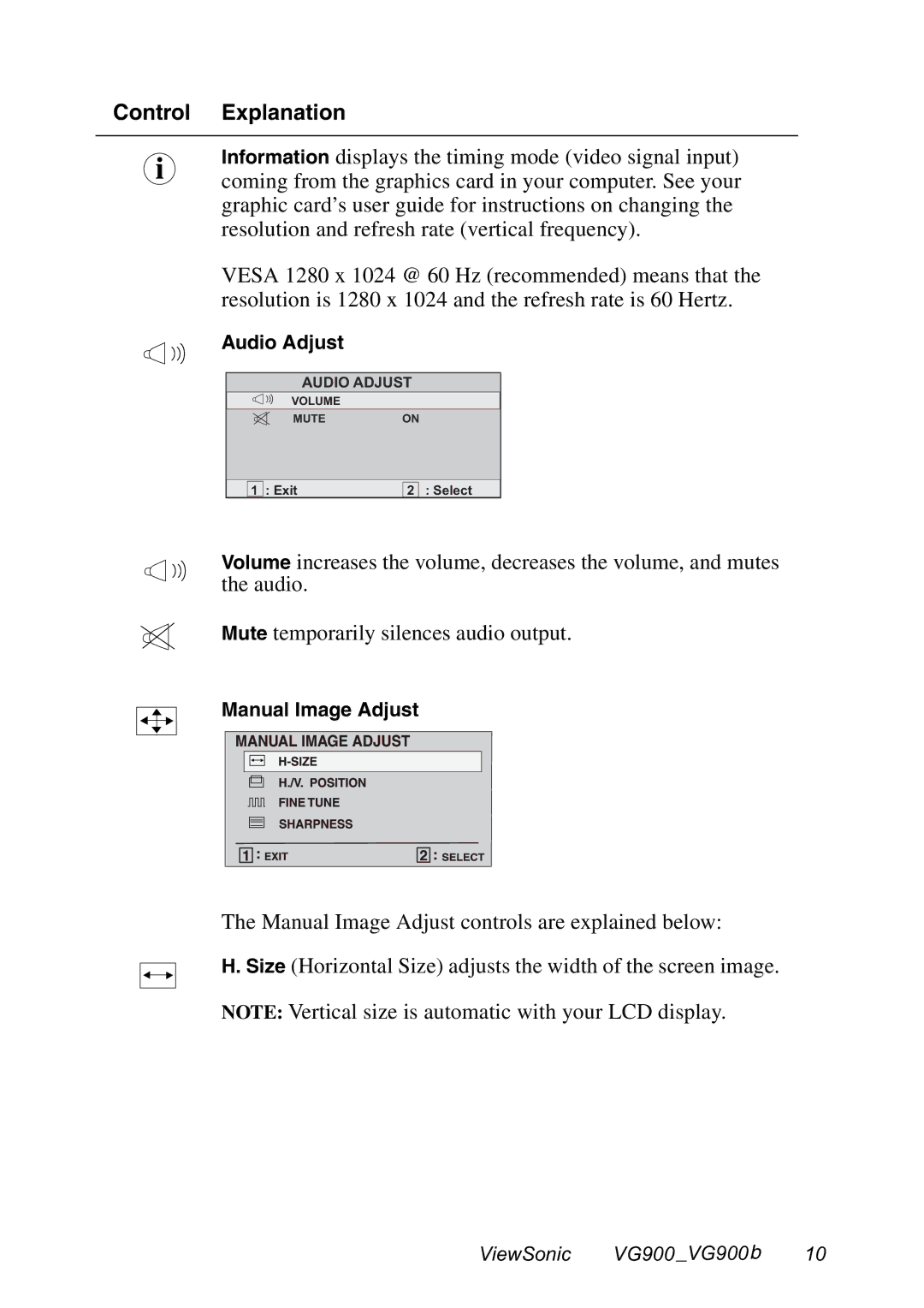 ViewSonic VG900 manual Audio Adjust, Manual Image Adjust 