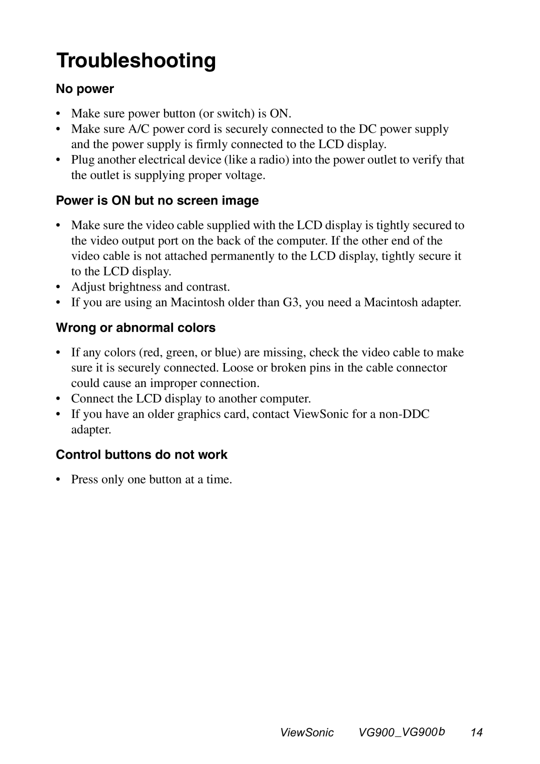 ViewSonic VG900 manual Troubleshooting, No power, Power is on but no screen image, Wrong or abnormal colors 