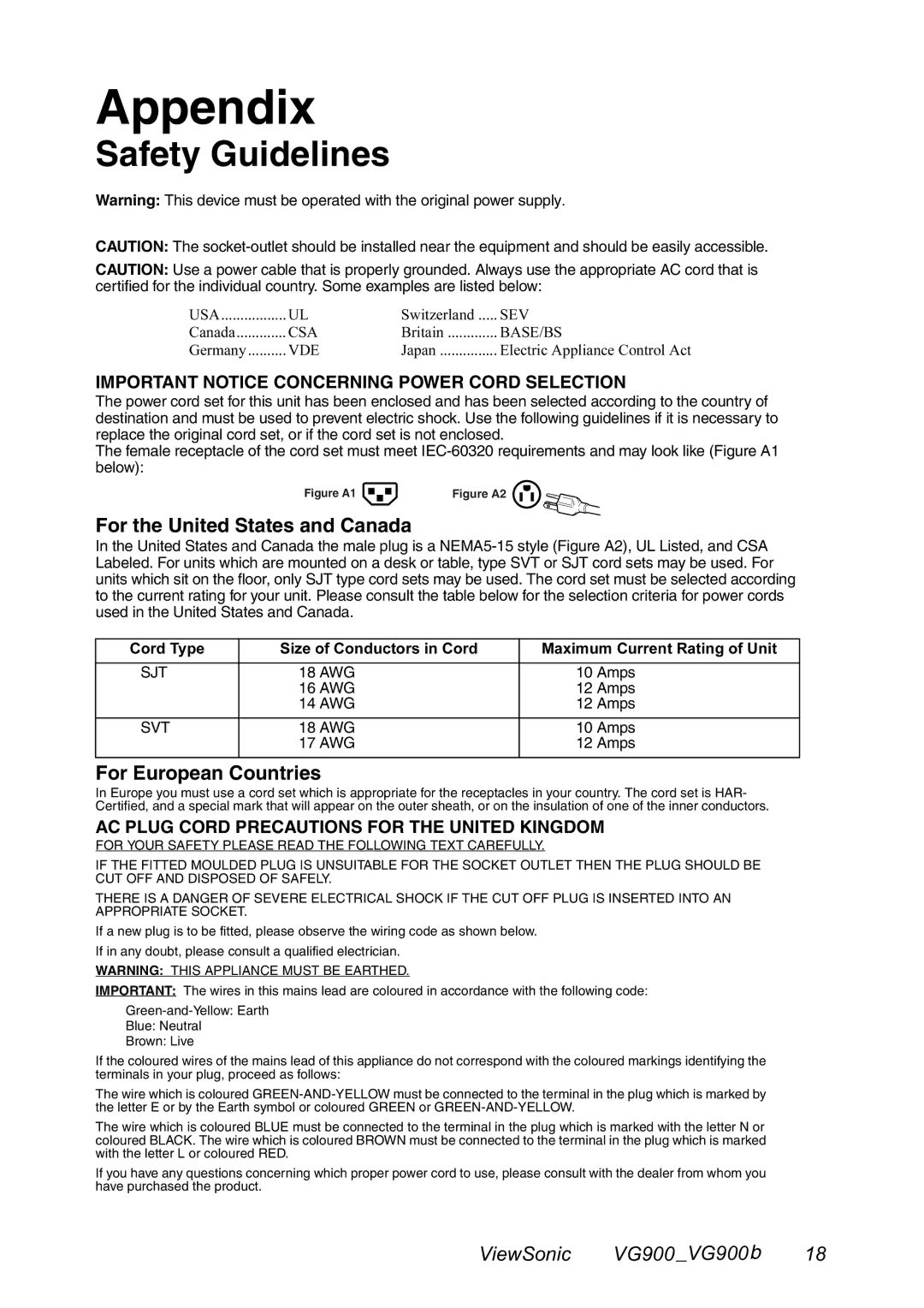 ViewSonic VG900 manual Appendix, Safety Guidelines, For the United States and Canada, For European Countries 