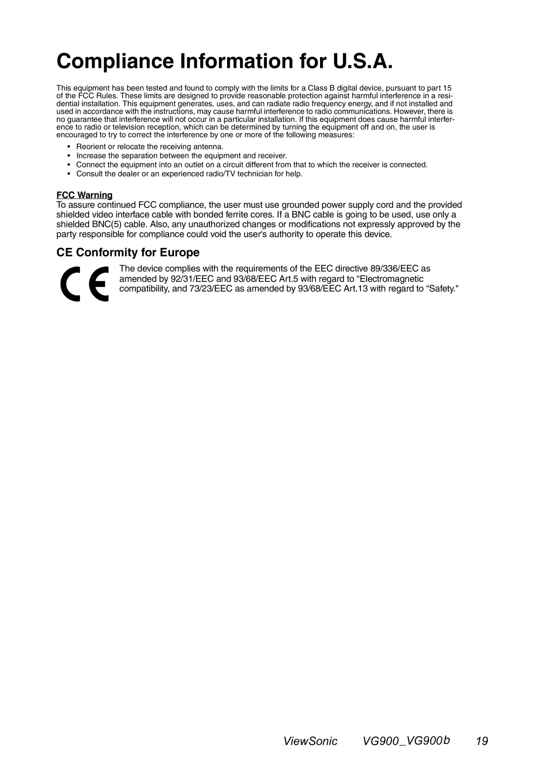 ViewSonic VG900 manual Compliance Information for U.S.A, CE Conformity for Europe 