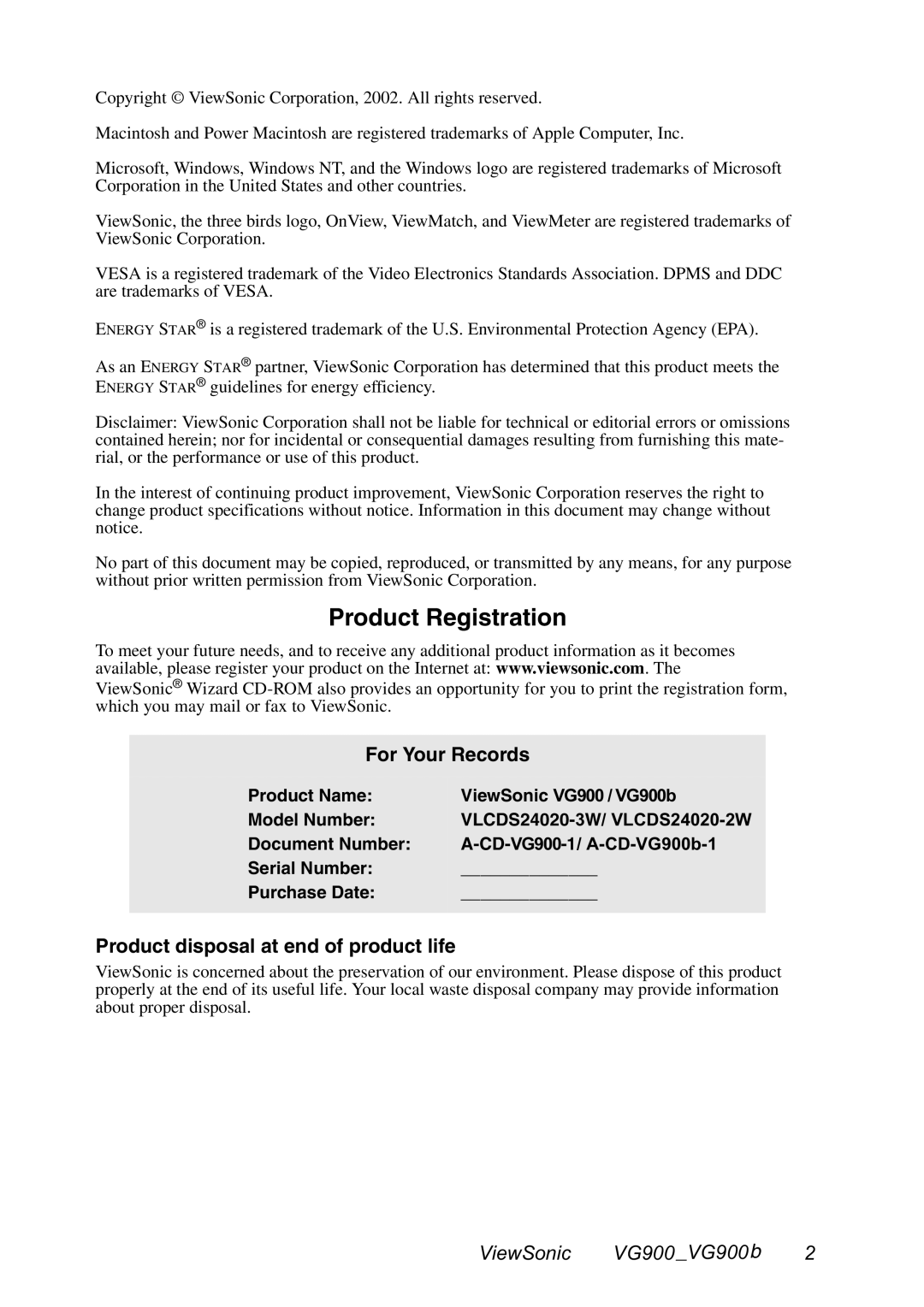 ViewSonic VG900 manual For Your Records, Product disposal at end of product life 