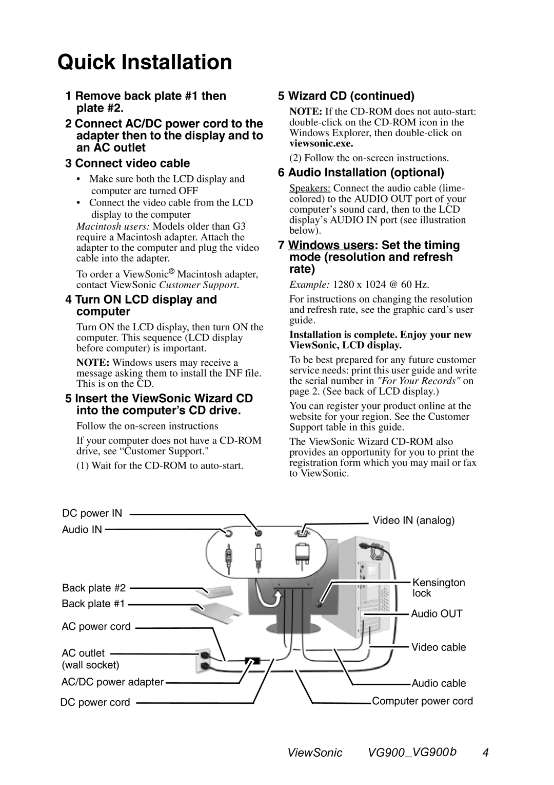 ViewSonic VG900 manual Quick Installation, Turn on LCD display and computer, Wizard CD, Audio Installation optional 