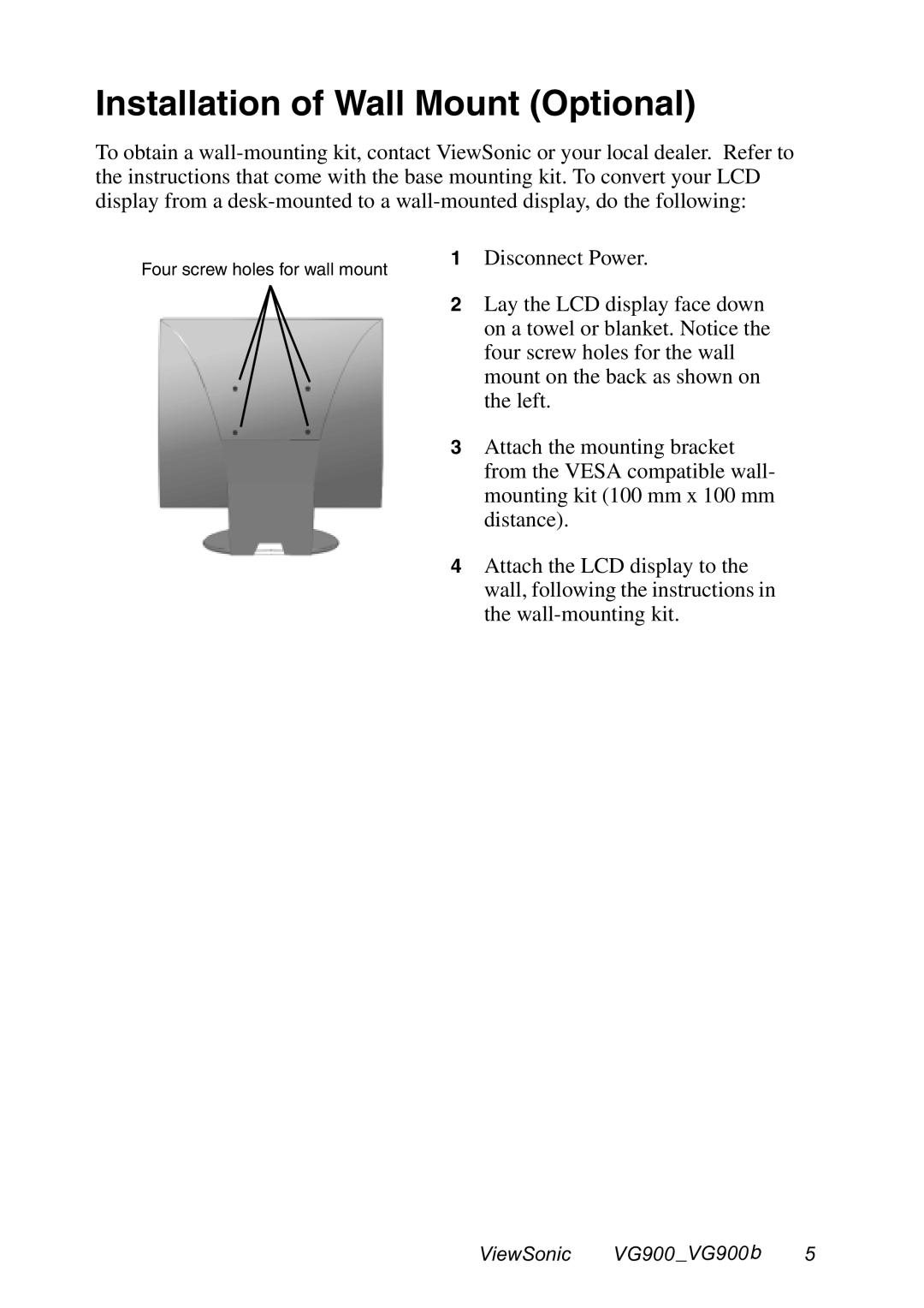 ViewSonic VG900 manual Installation of Wall Mount Optional 