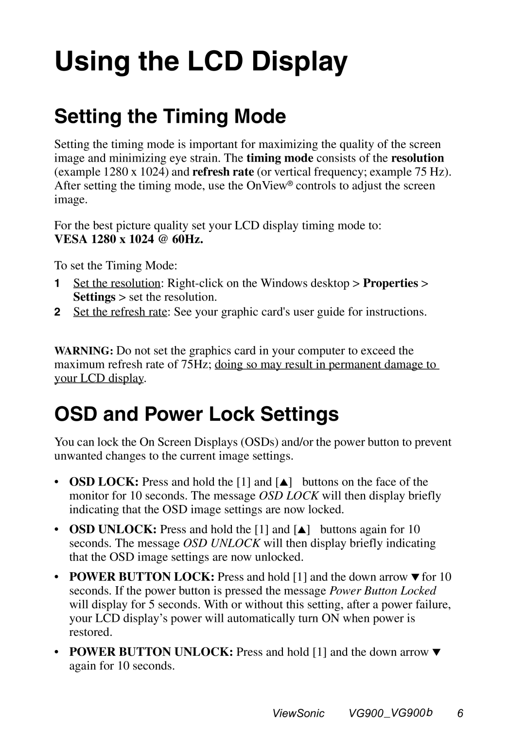 ViewSonic VG900 manual Using the LCD Display, Setting the Timing Mode, OSD and Power Lock Settings 