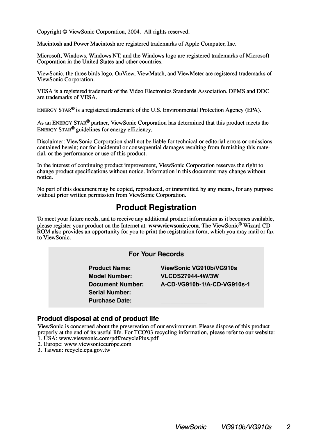 ViewSonic VG910B Product Registration, For Your Records, Product disposal at end of product life, ViewSonic VG910b/VG910s 