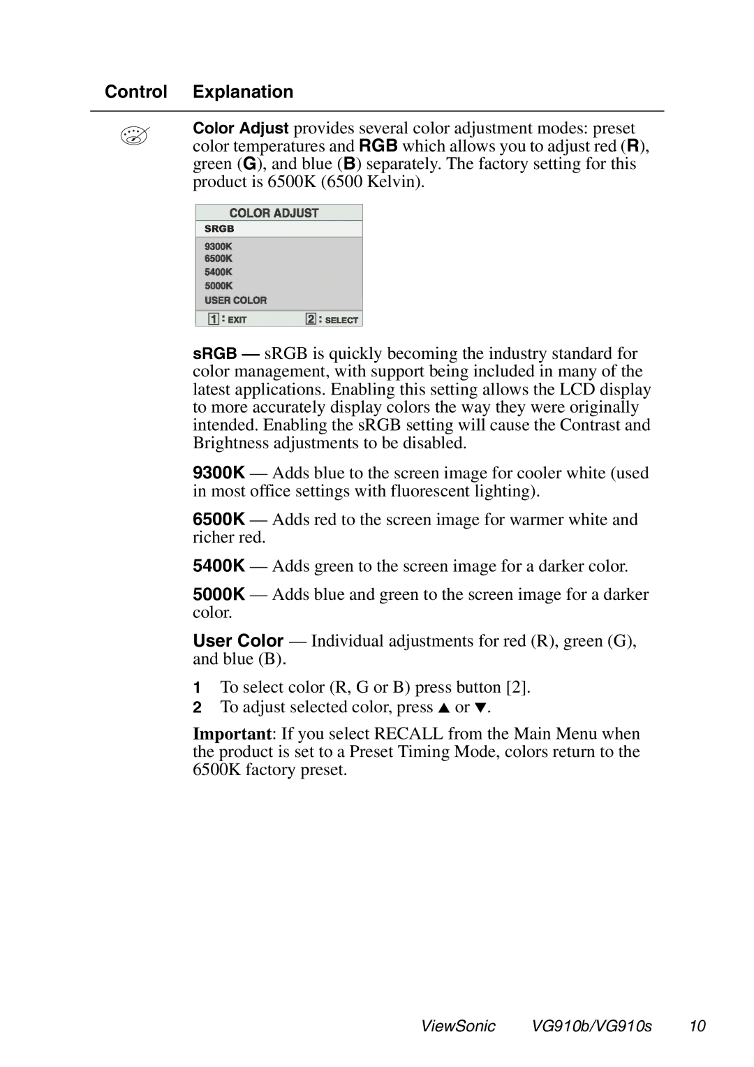 ViewSonic VG910B manual Control Explanation 