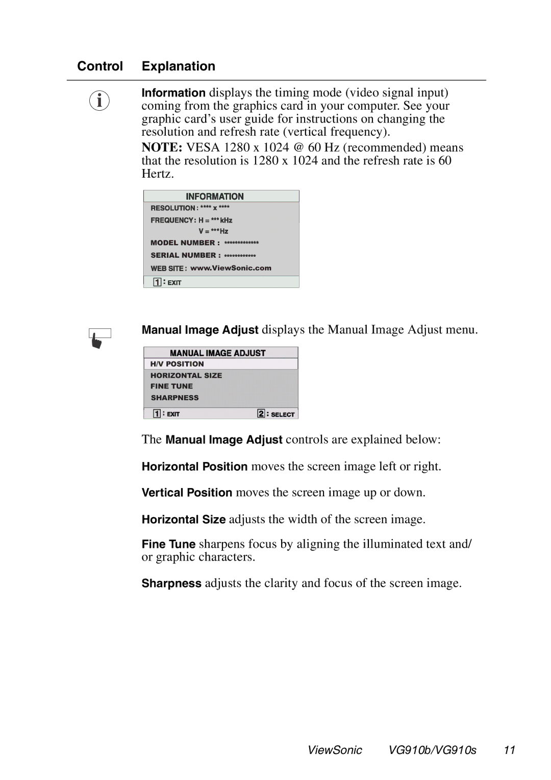 ViewSonic VG910B manual Control Explanation 