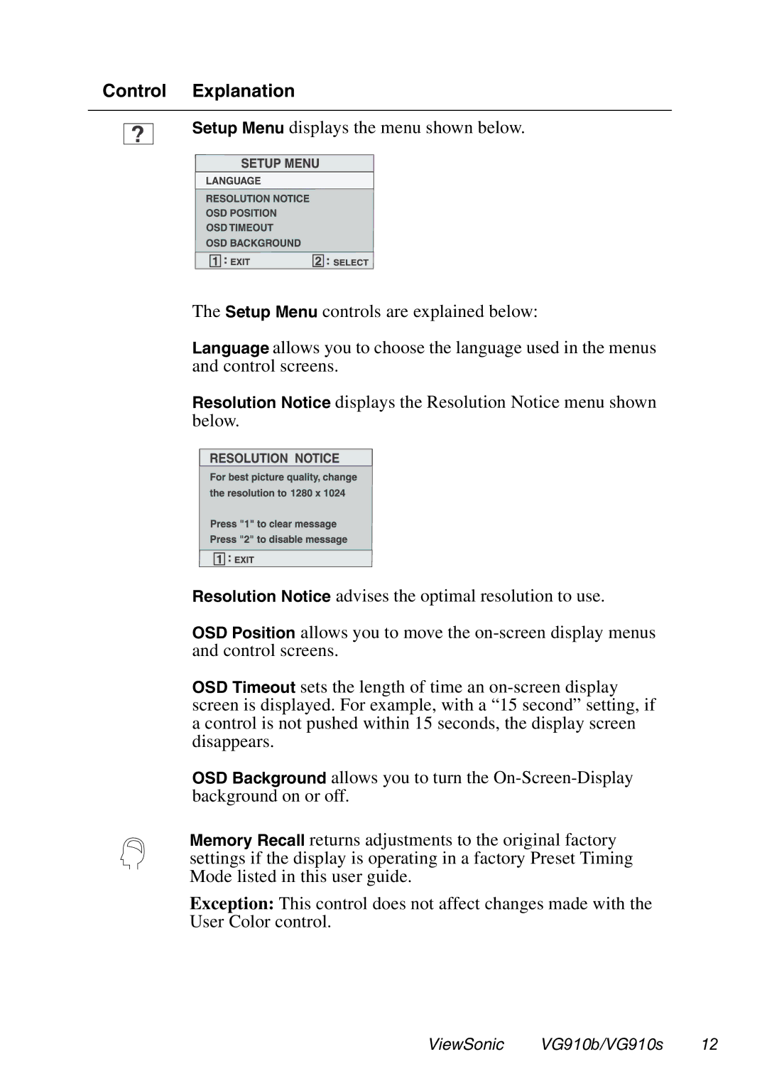 ViewSonic VG910B manual Control Explanation 