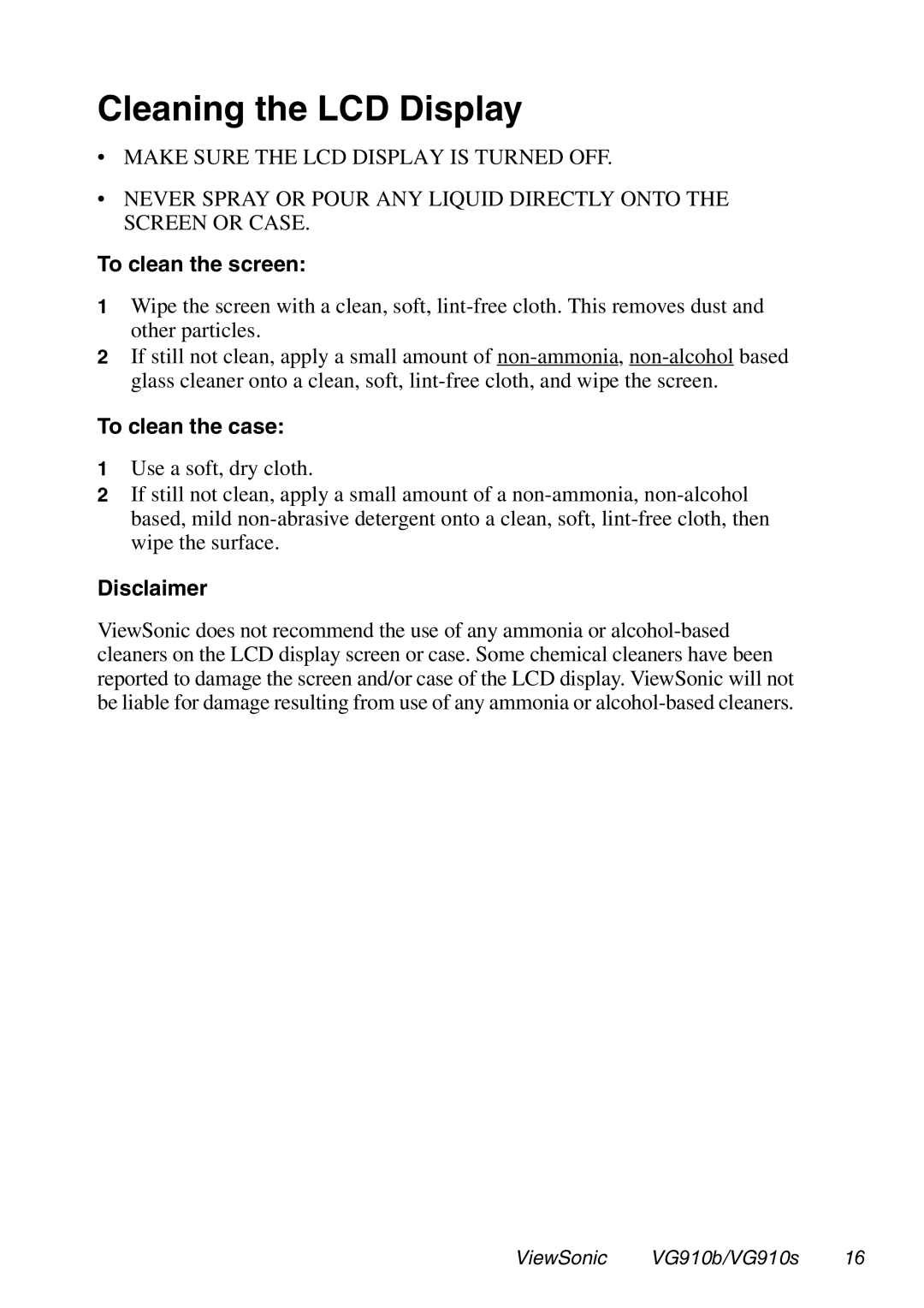 ViewSonic VG910B manual Cleaning the LCD Display, To clean the screen, To clean the case, Disclaimer 