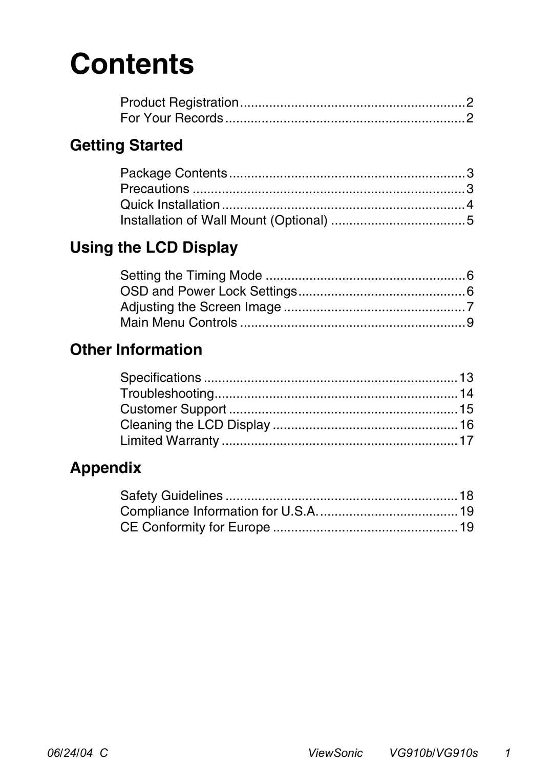 ViewSonic VG910B manual Contents 