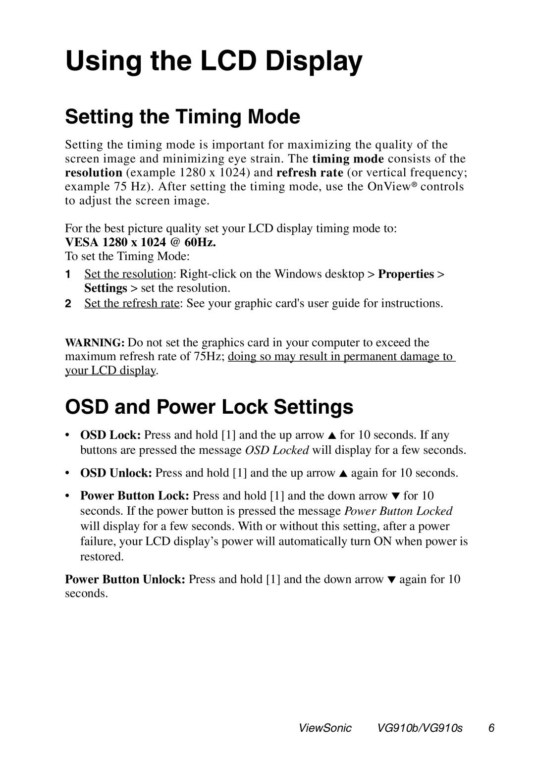 ViewSonic VG910B manual Using the LCD Display, Setting the Timing Mode, OSD and Power Lock Settings 