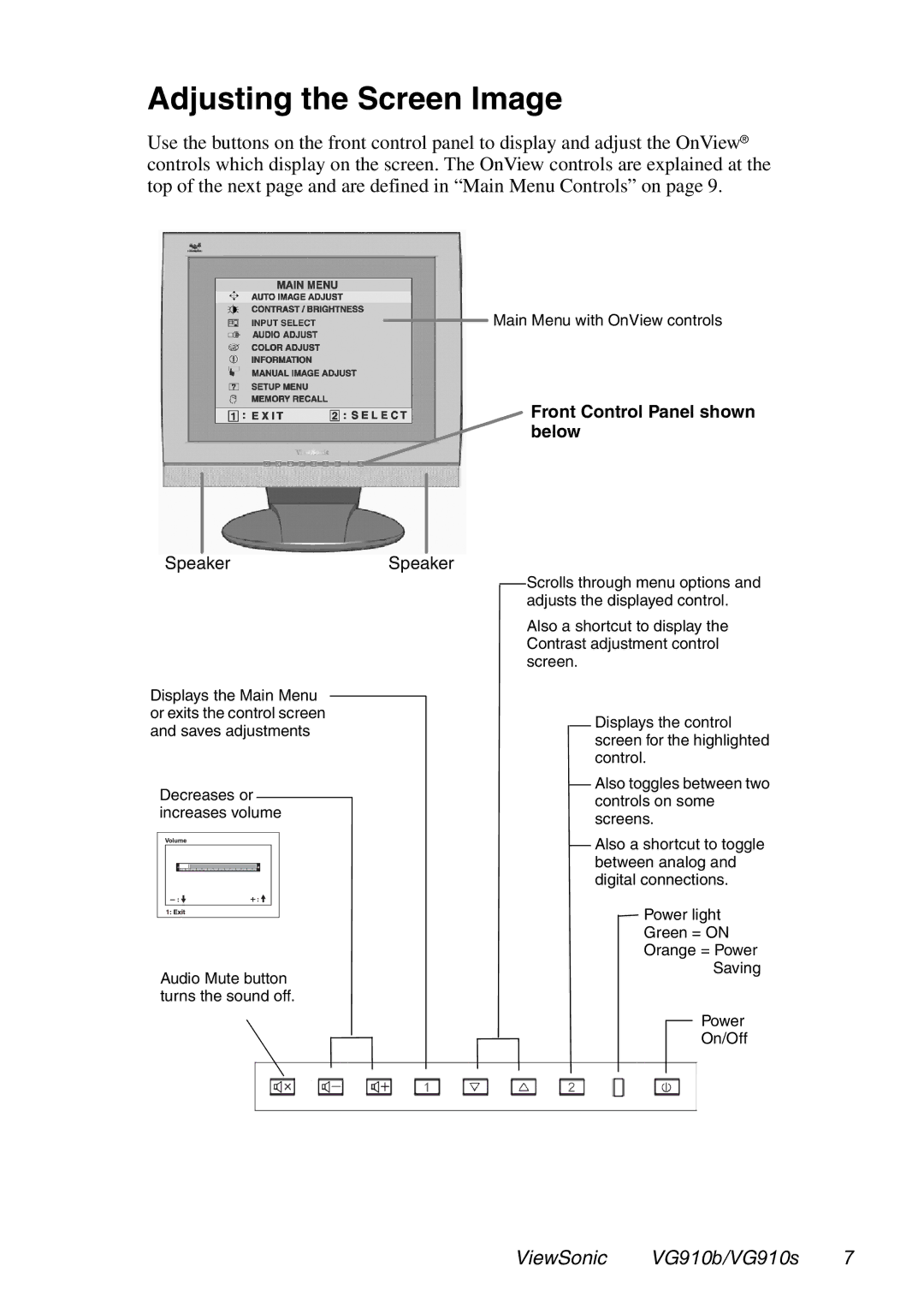 ViewSonic VG910B manual Adjusting the Screen Image 