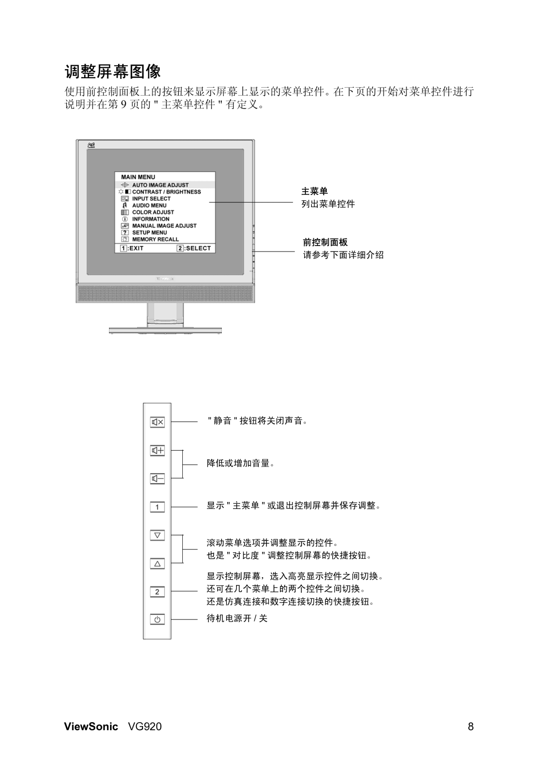 ViewSonic VG920 manual 调整屏幕图像, 前控制面板 