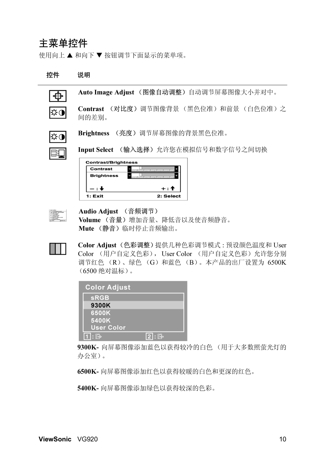 ViewSonic VG920 manual 主菜单控件, Auto Image Adjust （图像自动调整）自动调节屏幕图像大小并对中。, Audio Adjust （音频调节）, 控件 说明 